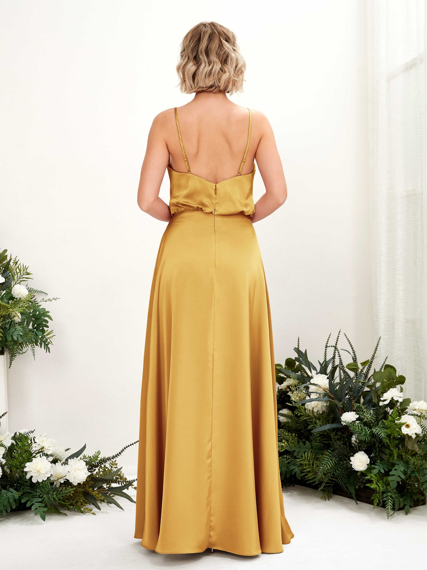 Carlyna Línea A Escote en V Hasta el suelo Vestidos de dama de honor Amarillo Canario #color_amarillo-canario