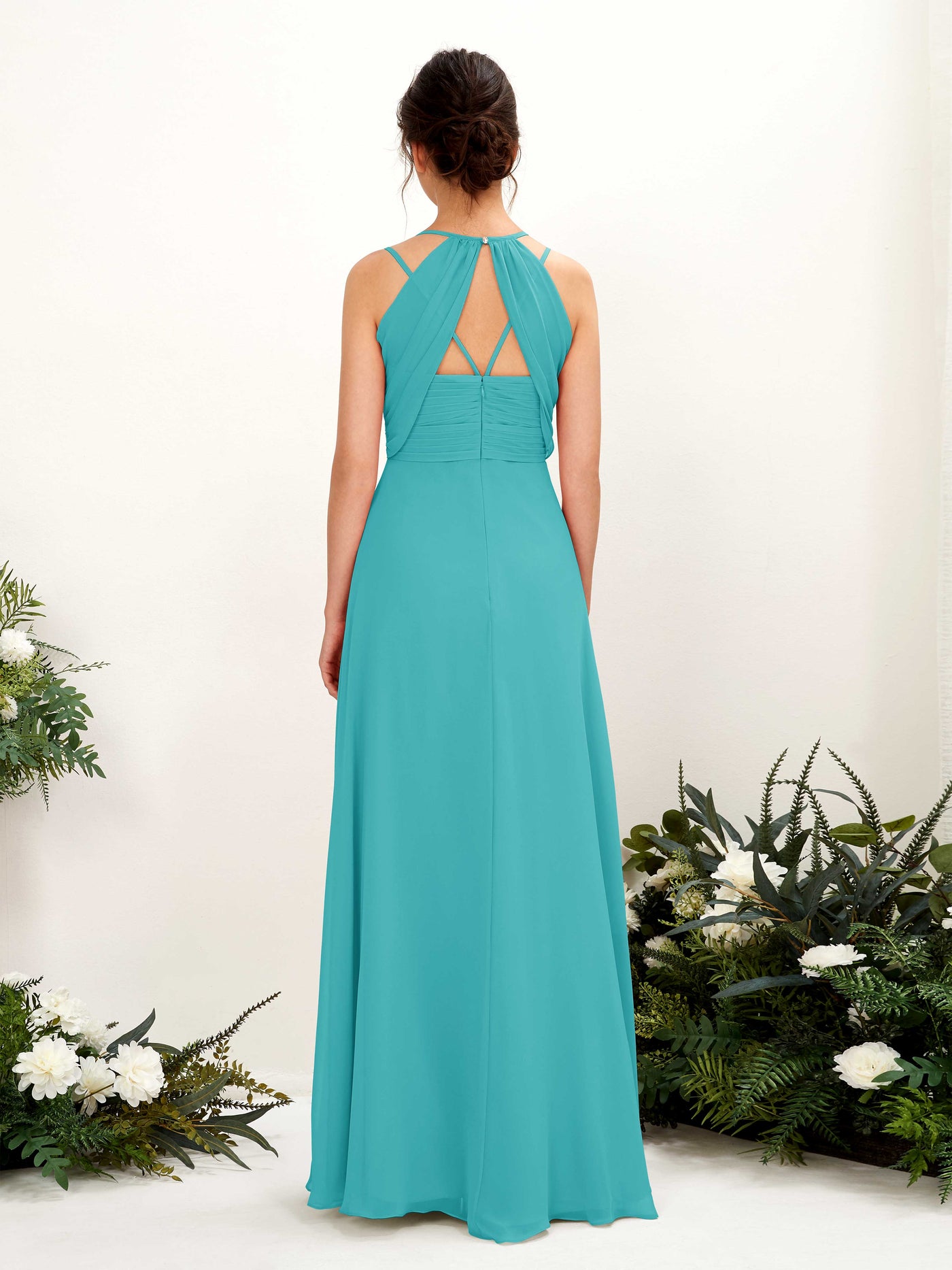 Carlyna Línea A Hasta el suelo Escote en V Cuello halter Vestidos de dama de honor Turquesa #color_turquesa