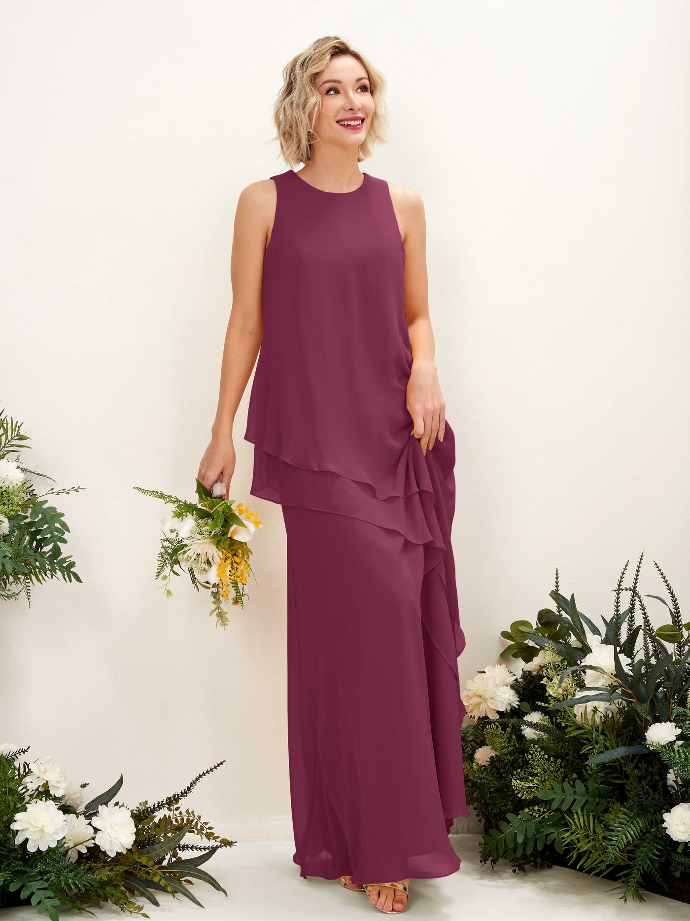 Carlyna Tubo Hasta el suelo Cuello redondo Vestido de dama de honor Chianti #color_chianti