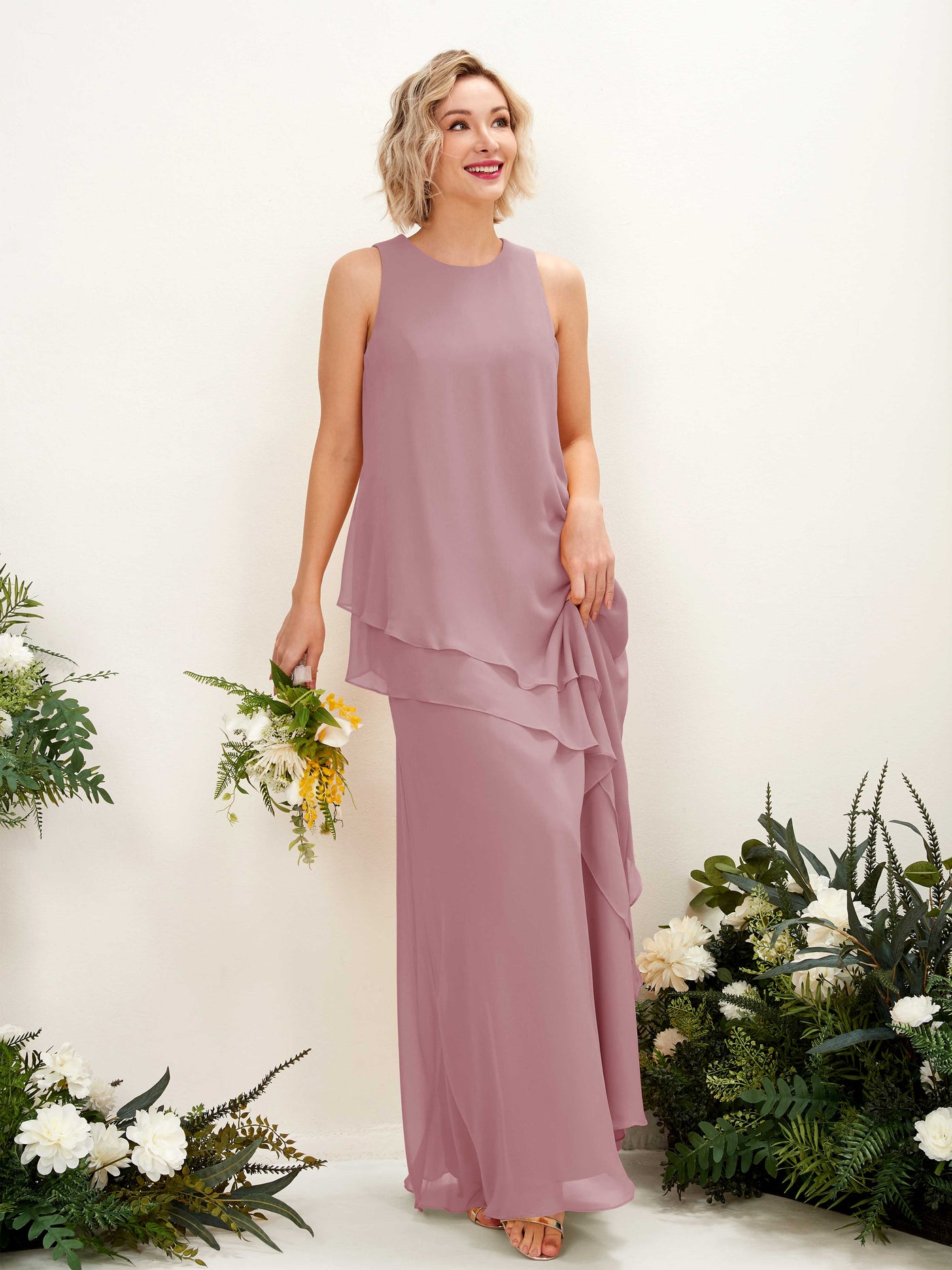Carlyna Tubo Hasta el suelo Cuello redondo Vestido de dama de honor Malva Clásico #color_malva-cl-sico