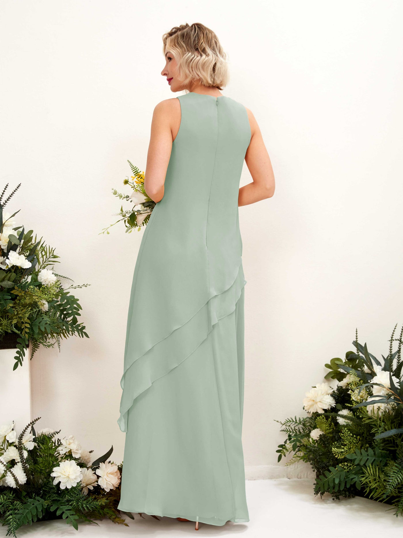 Carlyna Tubo Hasta el suelo Cuello redondo Vestido de dama de honor Verde Salvia #color_verde-salvia