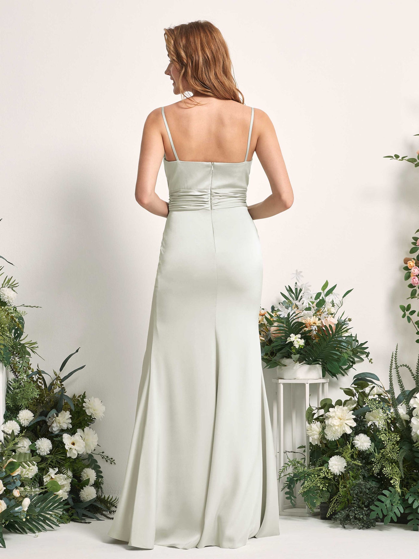 Carlyna Vestido de dama de honor corte sirena escote redondo fruncido hendidura pierna Marfil #color_marfil