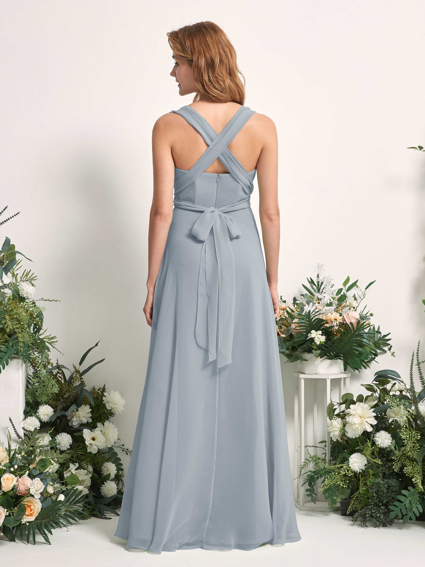 Carlyna Vestido de dama de honor Línea A Cuello de corazón Hasta el suelo Azul Empolvado Mejorado #color_azul-empolvado-mejorado