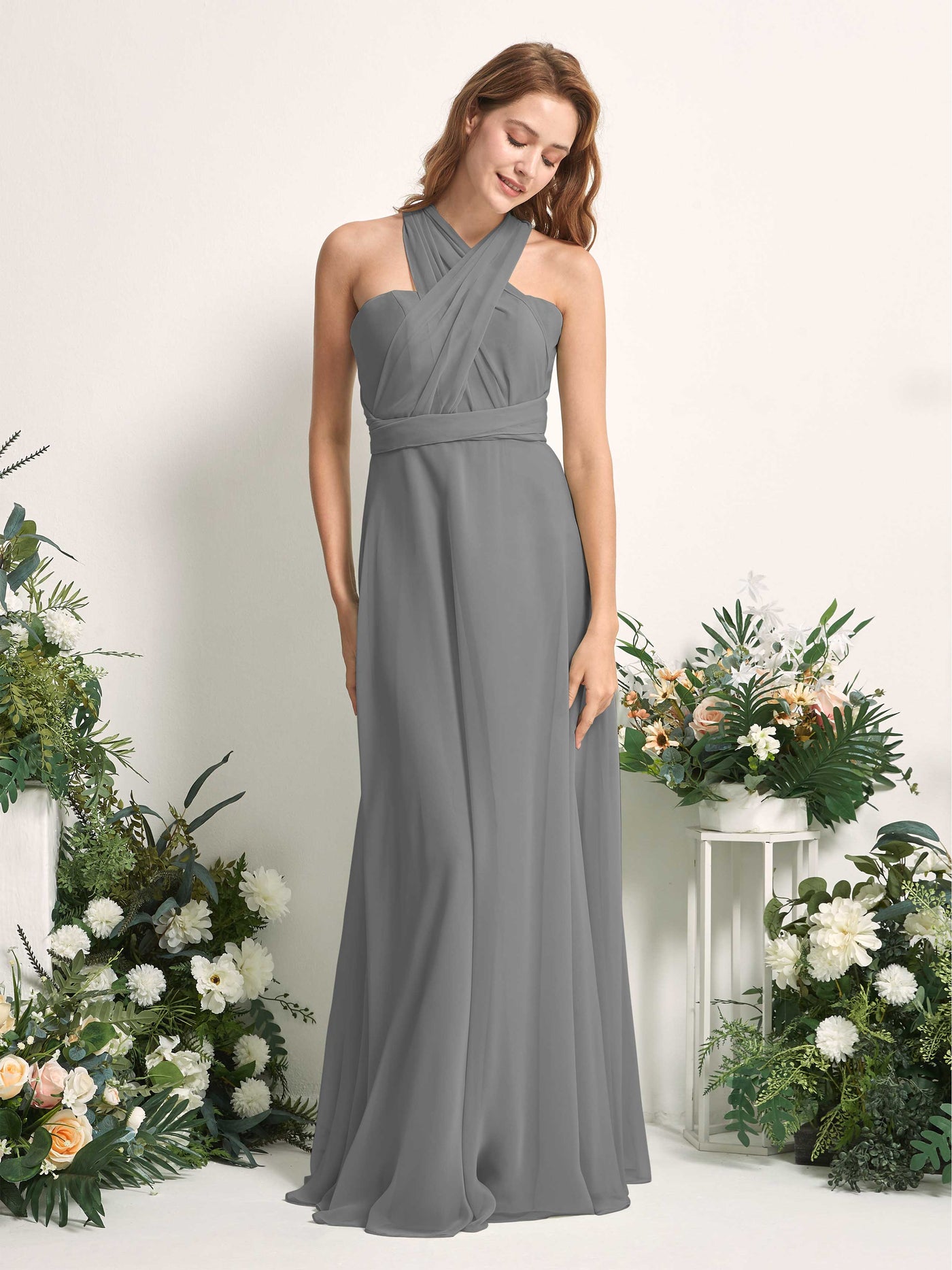 Carlyna Vestido de dama de honor Línea A Cuello de corazón Hasta el suelo Gris Acero #color_gris-acero
