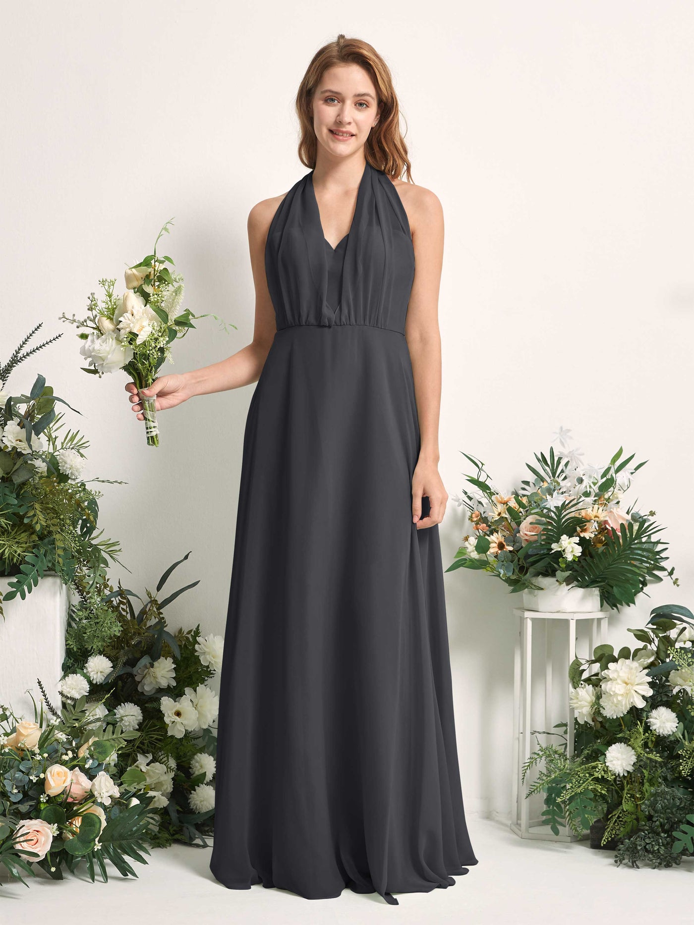 Carlyna Vestido de dama de honor Línea A Cuello de corazón Hasta el suelo Peltre #color_peltre