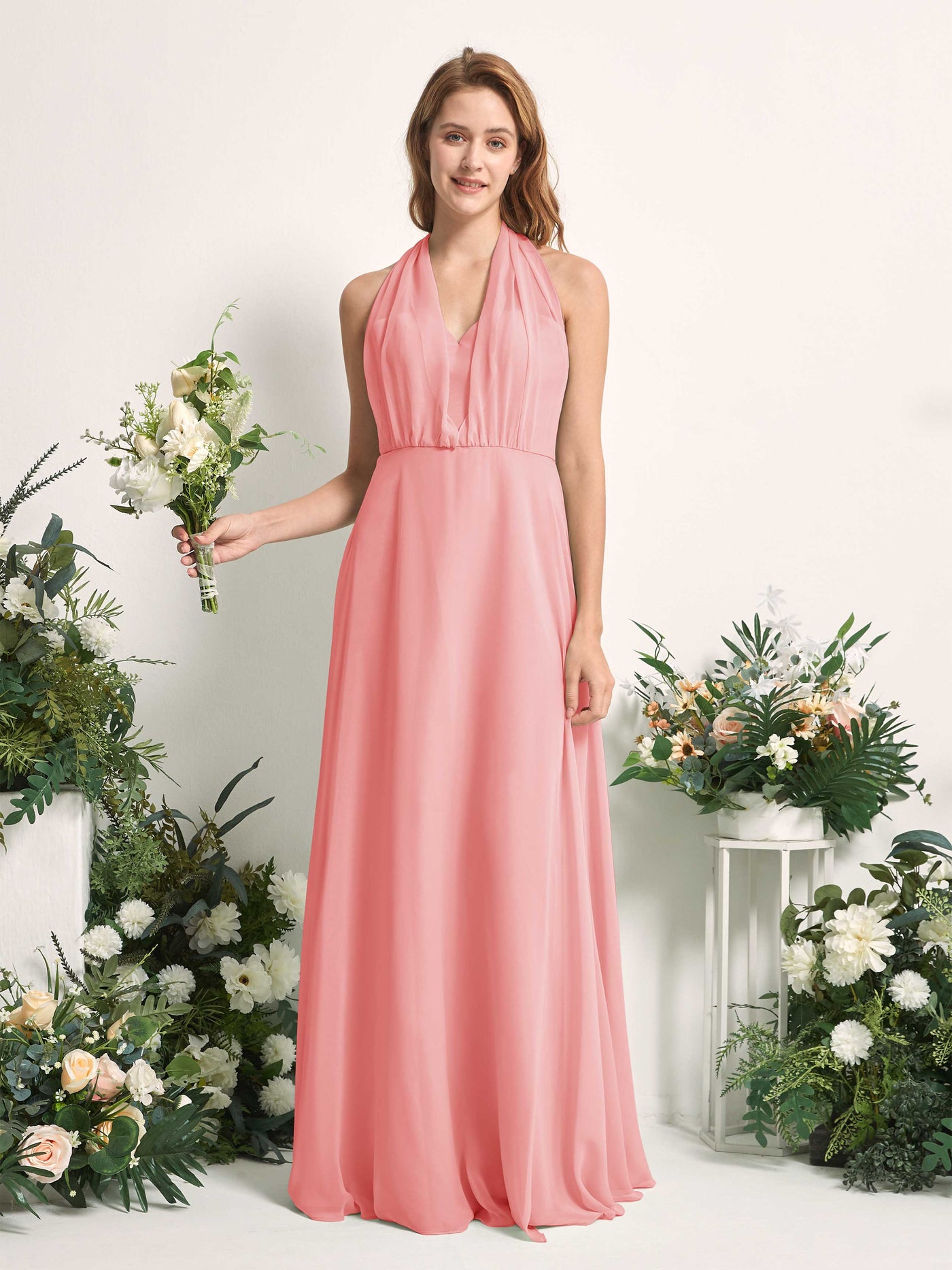 Carlyna Vestido de dama de honor Línea A Cuello de corazón Hasta el suelo Rosa Ballet #color_rosa-ballet