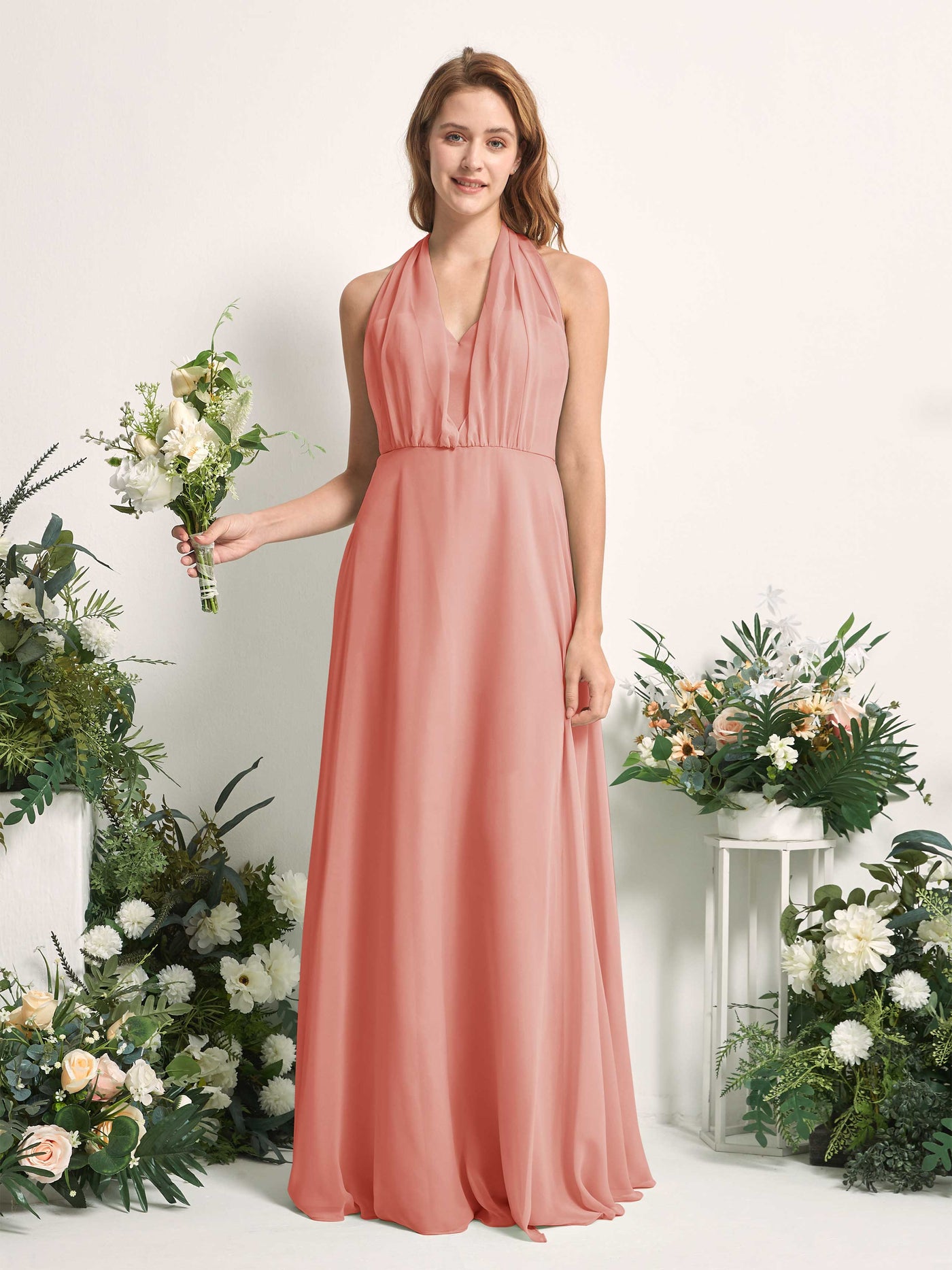 Carlyna Vestido de dama de honor Línea A Cuello de corazón Hasta el suelo Rosa Champán #color_rosa-champ-n