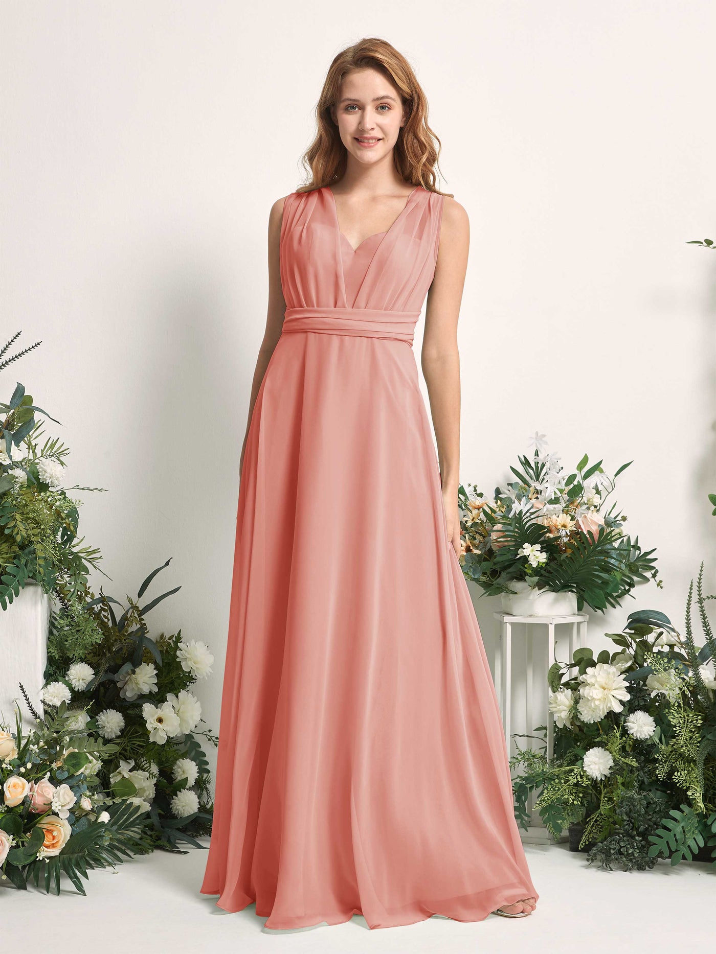 Carlyna Vestido de dama de honor Línea A Cuello de corazón Hasta el suelo Rosa Champán #color_rosa-champ-n