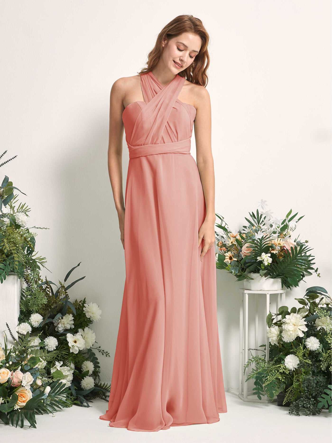 Carlyna Vestido de dama de honor Línea A Cuello de corazón Hasta el suelo Rosa Champán #color_rosa-champ-n