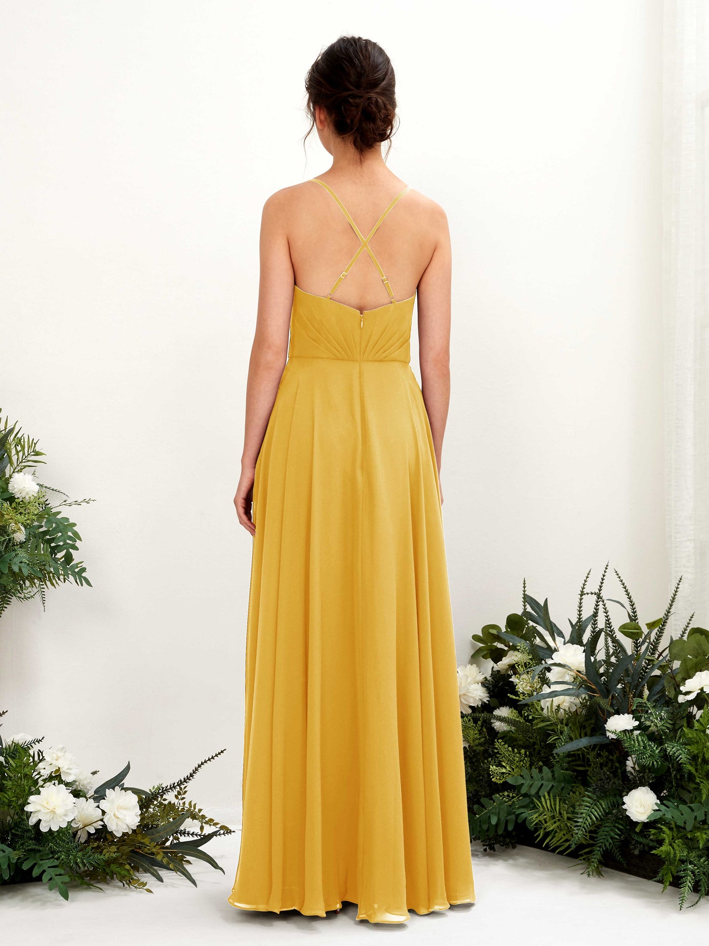 Carlyna Vestido de línea A escote en V con tirantes finos hasta el suelo vestido de dama de honor Amarillo Mostaza #color_amarillo-mostaza