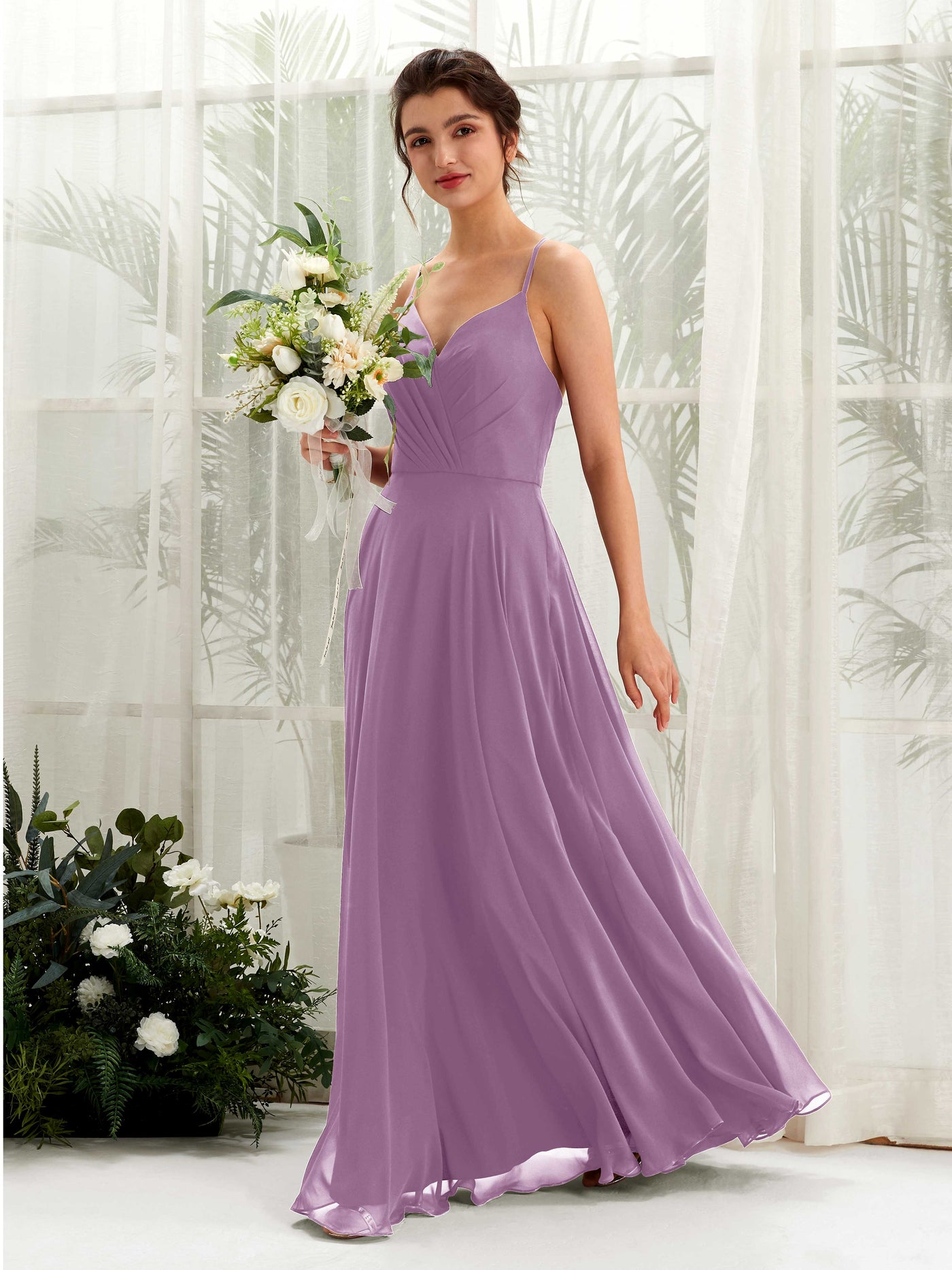 Carlyna Vestido de línea A escote en V con tirantes finos hasta el suelo vestido de dama de honor Niebla Orquídea #color_niebla-orqu-dea