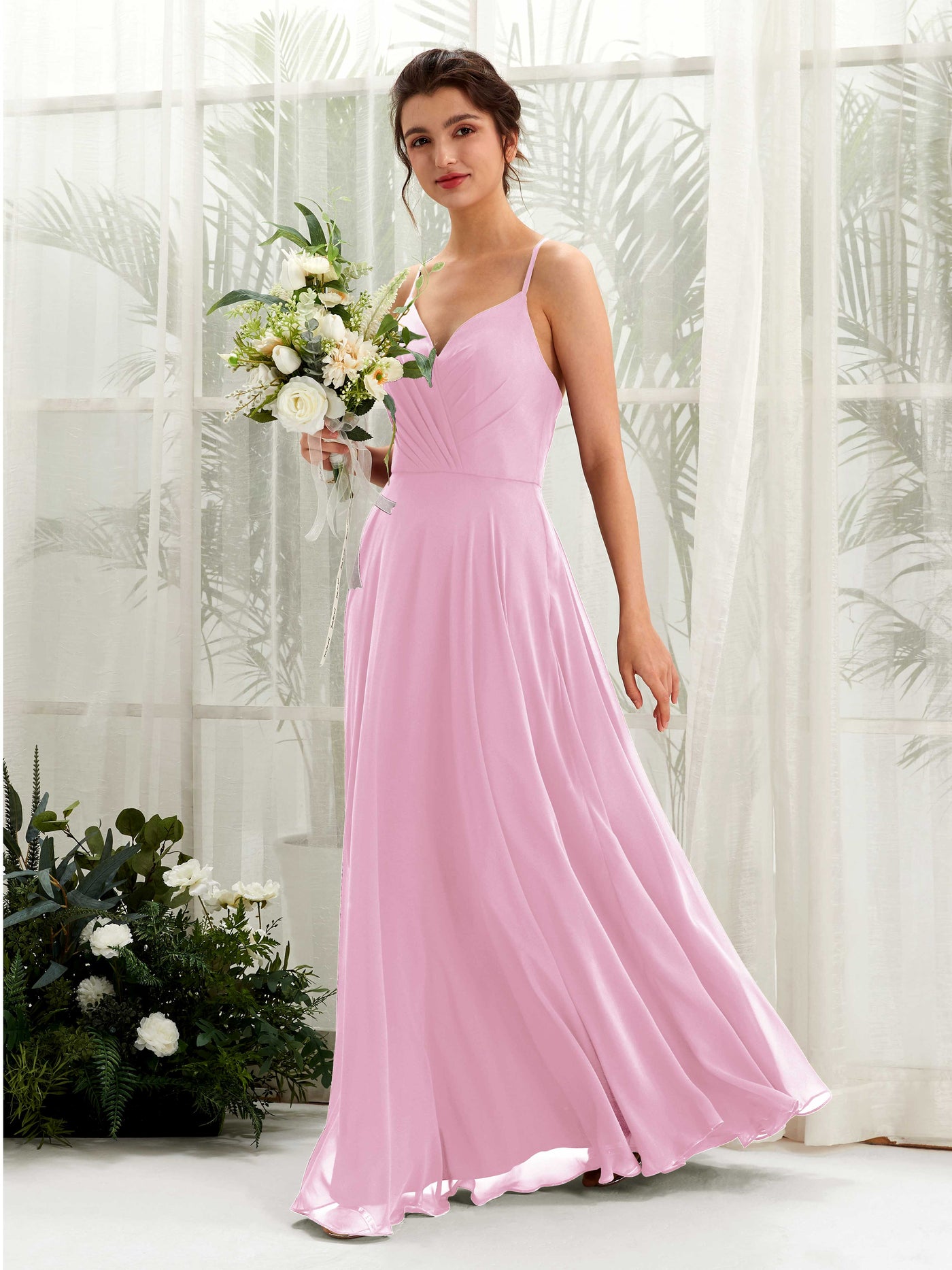 Carlyna Vestido de línea A escote en V con tirantes finos hasta el suelo vestido de dama de honor Rosa Caramelo #color_rosa-caramelo