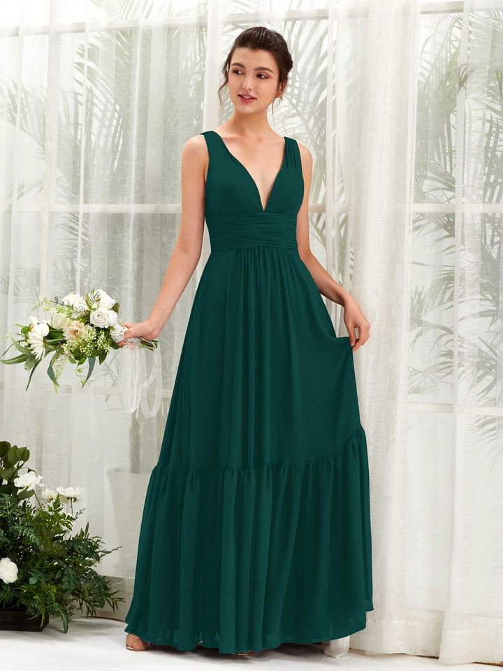 Carlyna Vestido de línea A escote en V hasta el suelo dama de honor Esmeralda Oscuro 