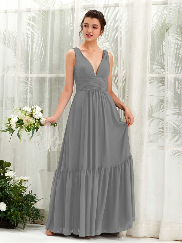 Carlyna Vestido de línea A escote en V hasta el suelo dama de honor Gris Acero 