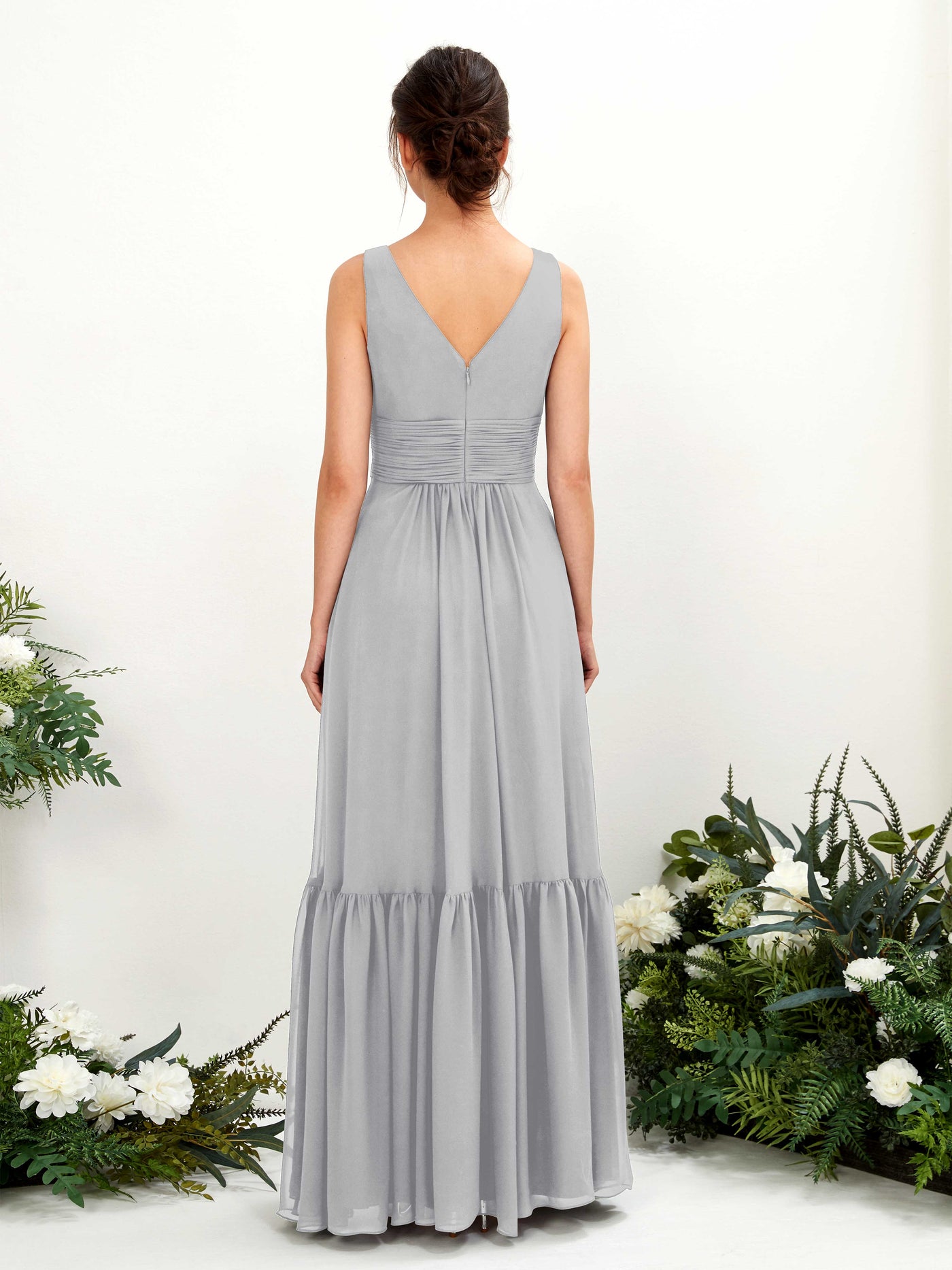 Carlyna Vestido de línea A escote en V hasta el suelo dama de honor Plata #color_plata