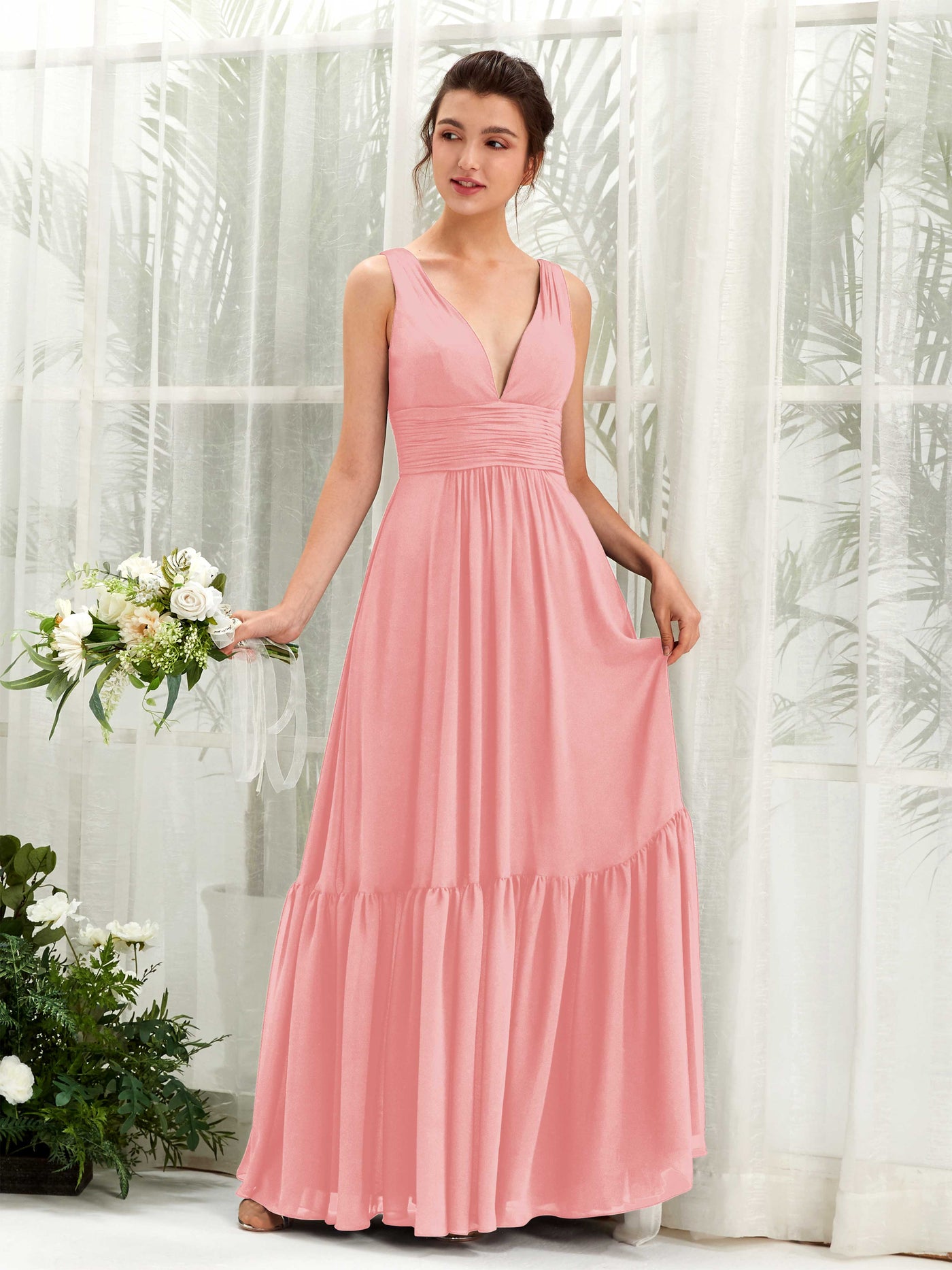 Carlyna Vestido de línea A escote en V hasta el suelo dama de honor Rosa Ballet #color_rosa-ballet