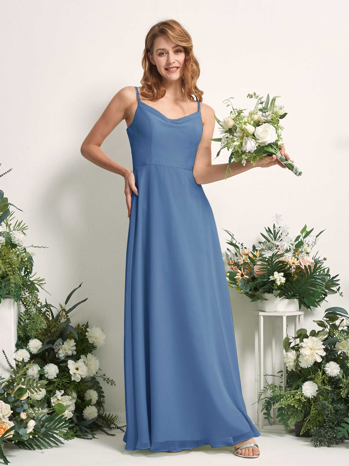 Carlyna Vestido de línea A escote en V hasta el suelo gasa dama de honor Azul polvoriento 