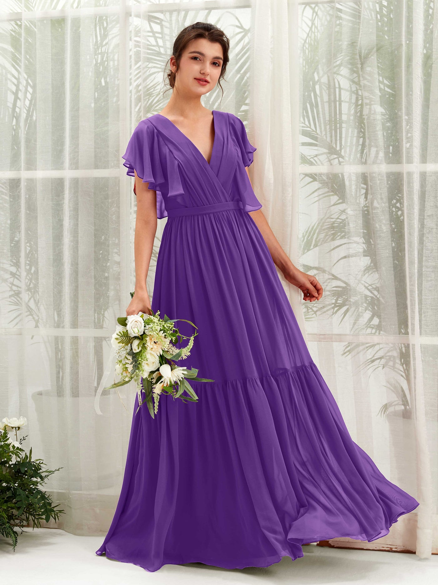 Carlyna Vestido de línea A escote en V manga con vuelo hasta el suelo dama de honor Regencia #color_regencia