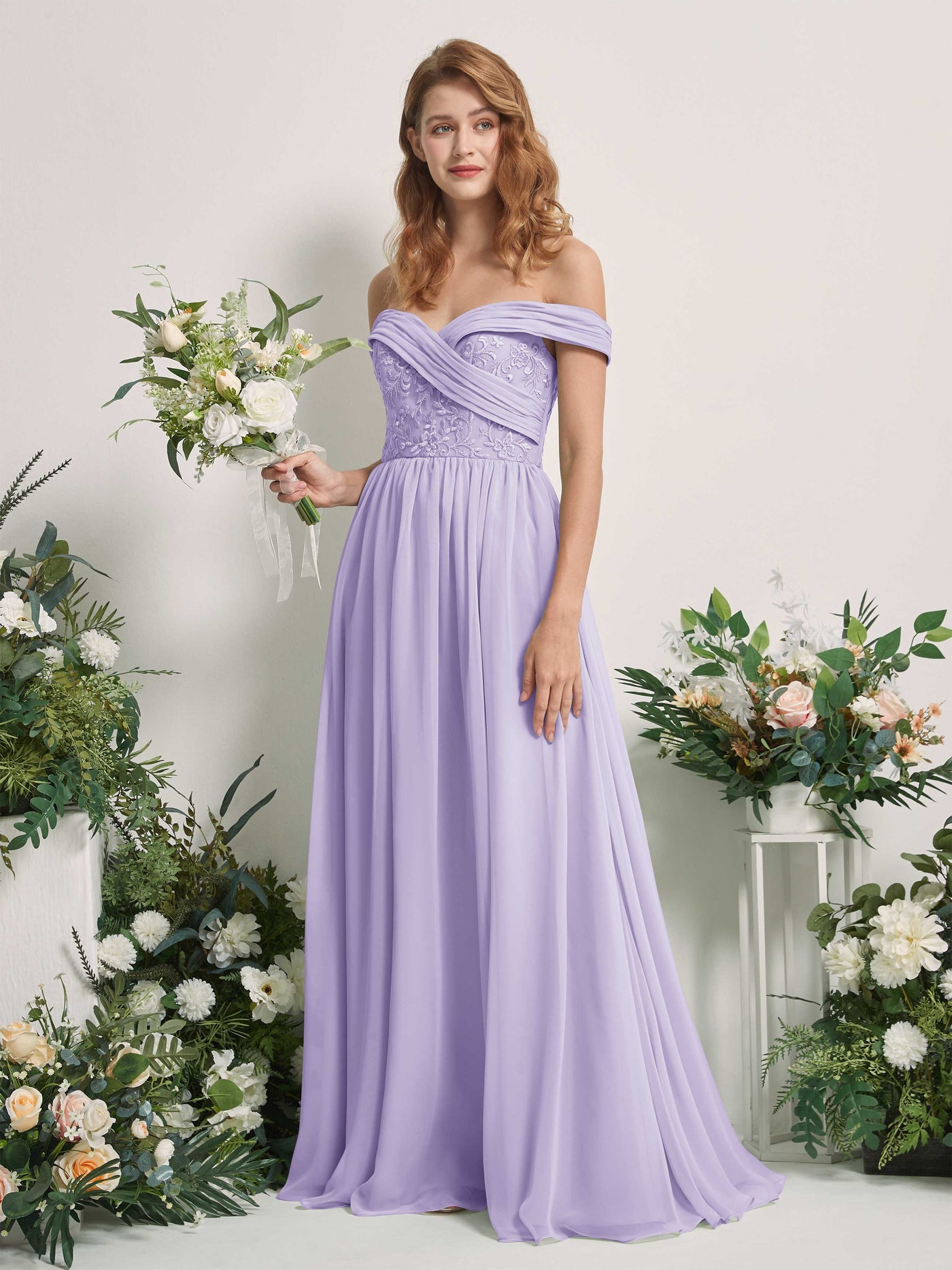 Carlyna Vestido de Línea A Hombros Caídos Hasta el Suelo Bordado Vestidos de Dama de Honor Lila #color_lila