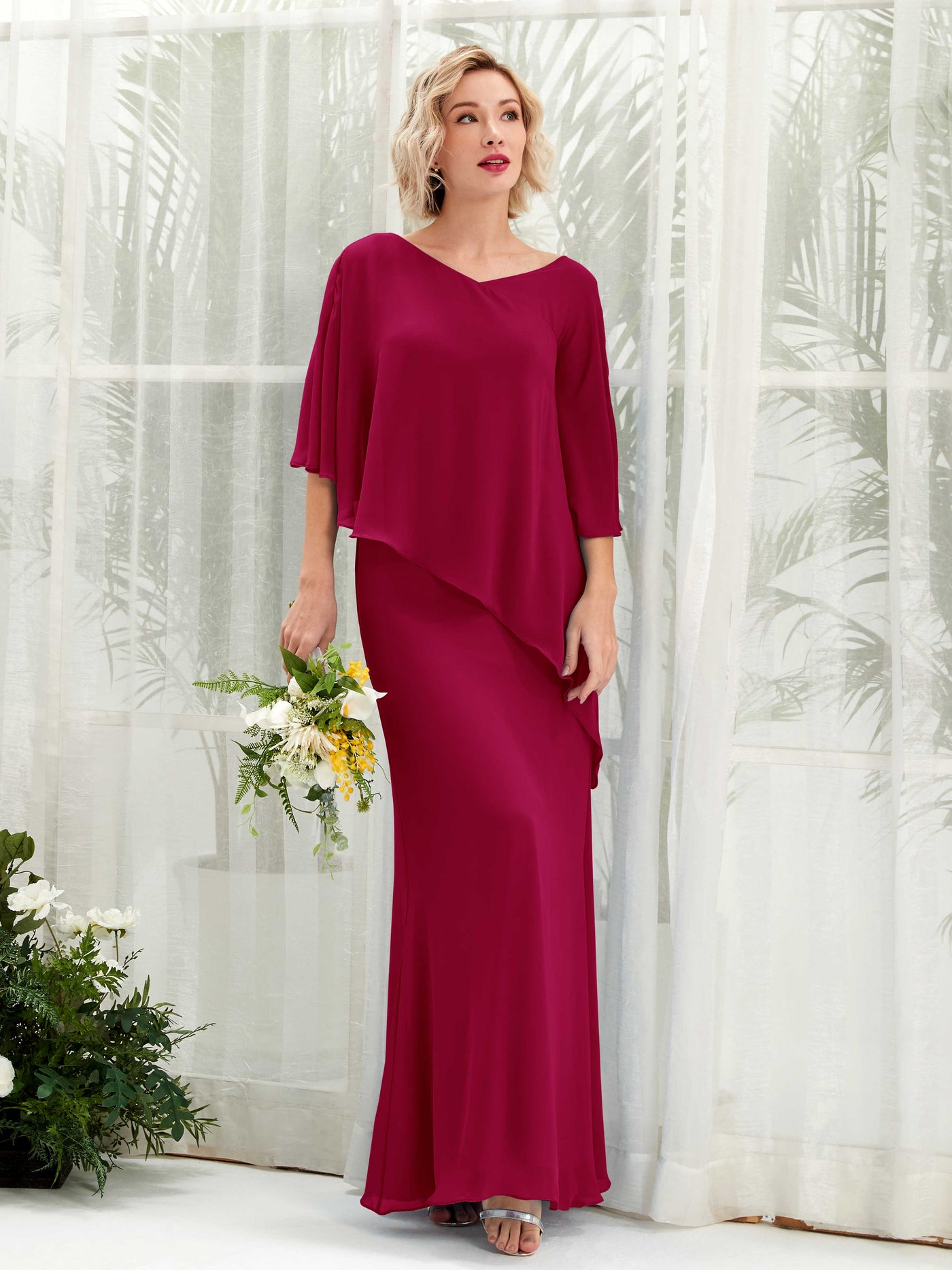 Carlyna Vestido línea A asimétrico capa damas de honor Rojo Bufón #color_rojo-buf-n