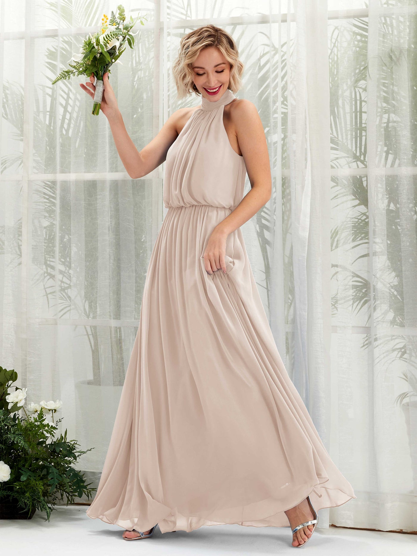 Carlyna Vestido línea A con cuello redondo hasta el suelo de gasa vestidos de dama de honor Champán #color_champ-n