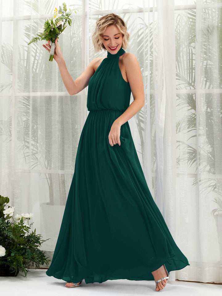 Carlyna Vestido línea A con cuello redondo hasta el suelo de gasa vestidos de dama de honor Esmeralda Oscuro 
