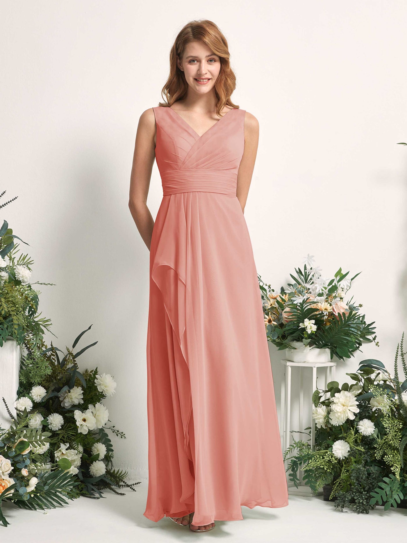 Carlyna Vestido línea A con escote en V hasta el suelo vestido de dama de honor Rosa Champán #color_rosa-champ-n