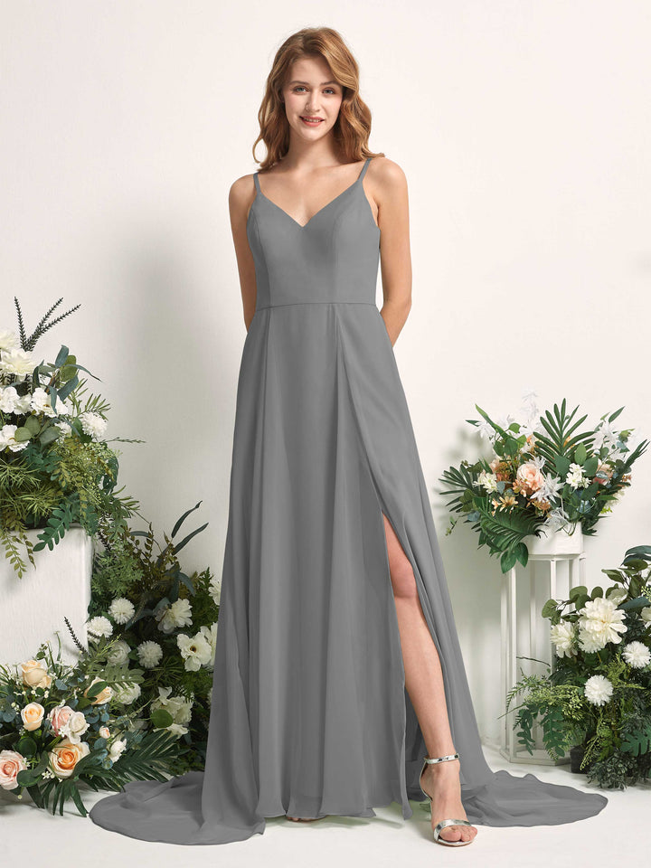 Carlyna Vestido línea A con escote en V y hendidura de pierna hasta el suelo dama de honor Gris Acero 