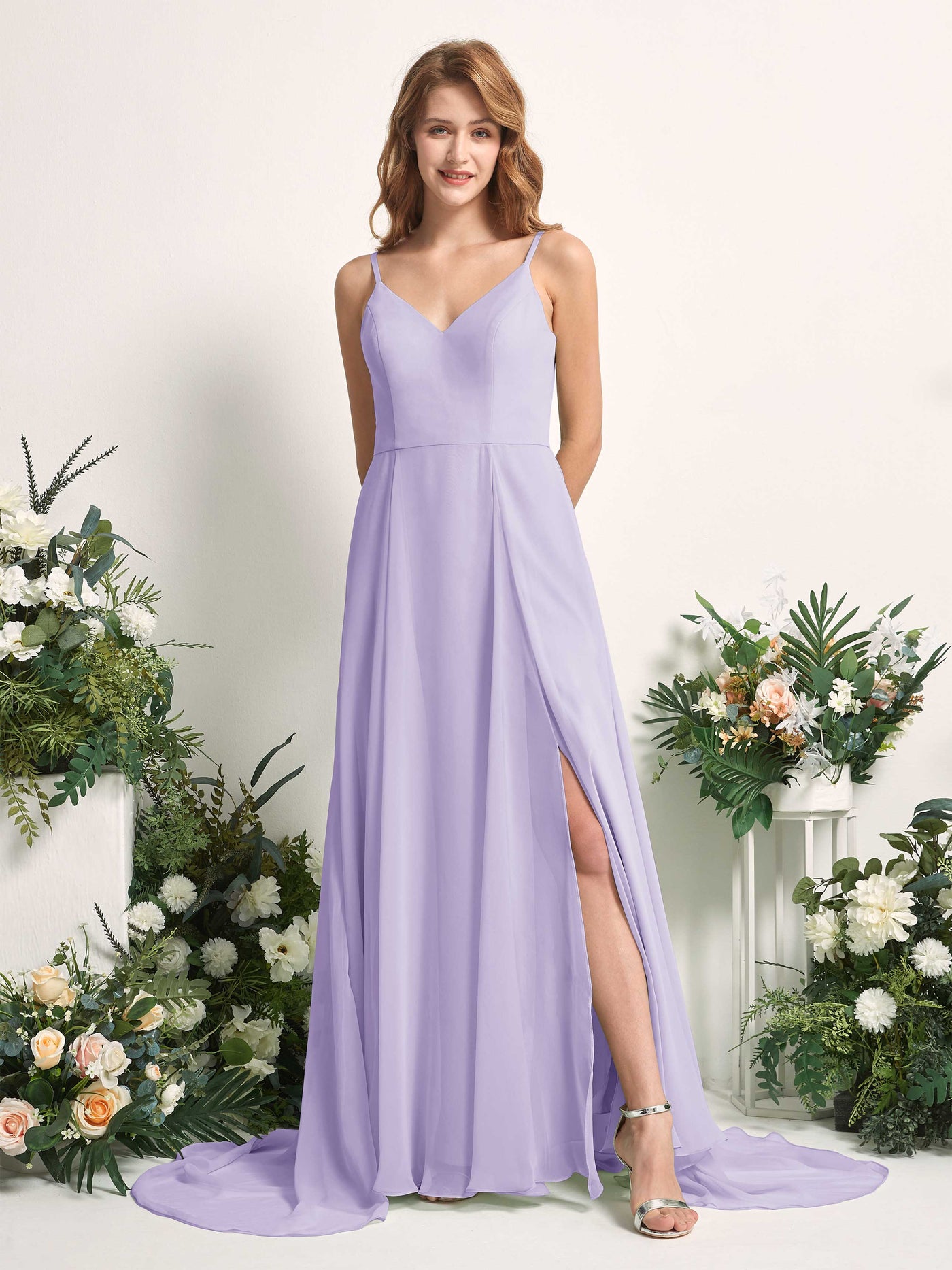 Carlyna Vestido línea A con escote en V y hendidura de pierna hasta el suelo dama de honor Lila #color_lila