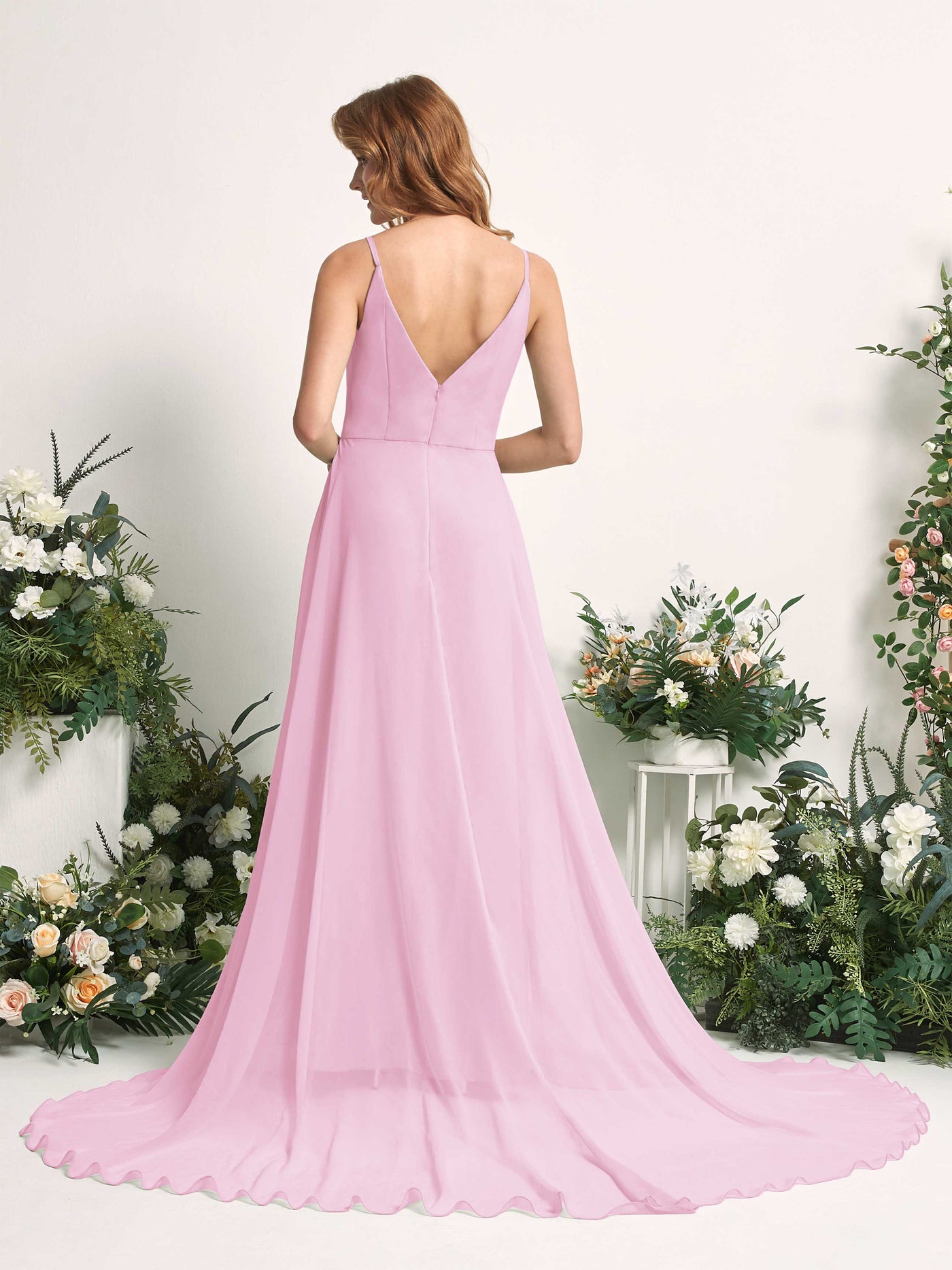 Carlyna Vestido línea A con escote en V y hendidura de pierna hasta el suelo dama de honor Rosa Caramelo #color_rosa-caramelo
