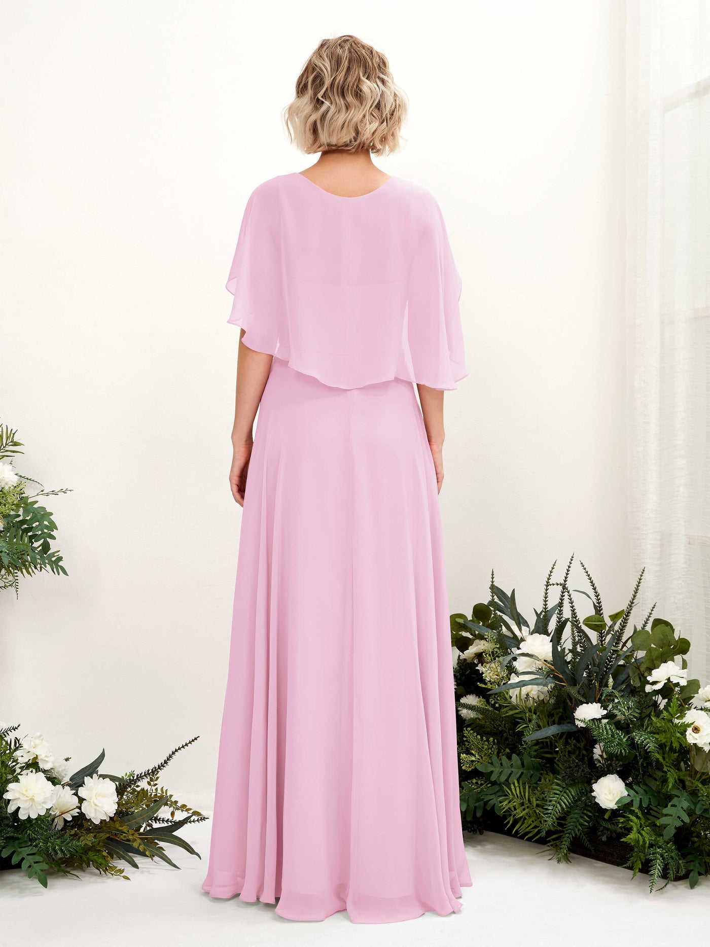 Carlyna Vestido línea A con escote en V y mangas capa hasta el suelo vestido de dama de honor Rosa Caramelo #color_rosa-caramelo