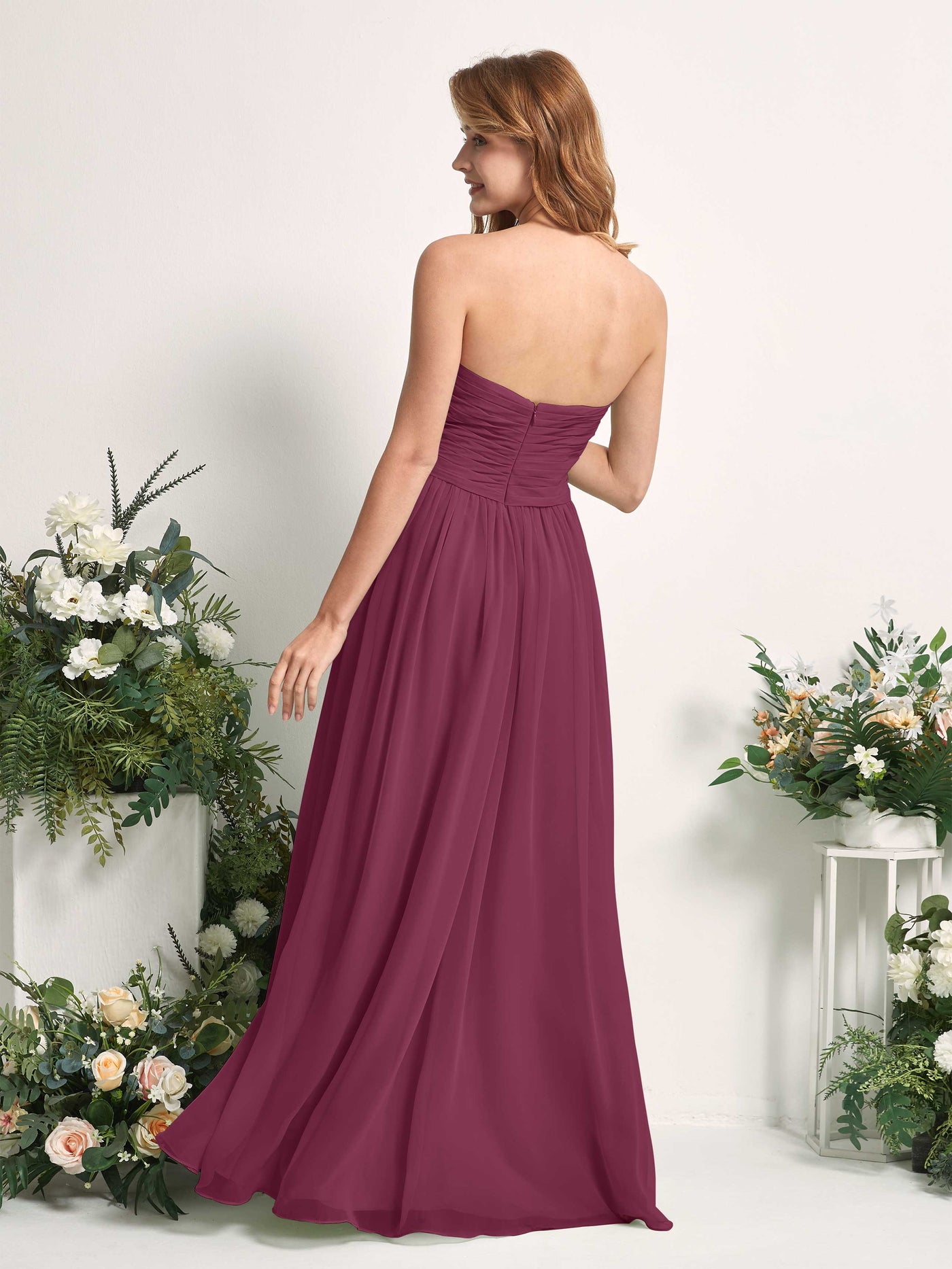Carlyna Vestido Línea A Cuello de corazón Hasta el suelo Gasa Fruncido Dama de honor Chianti #color_chianti