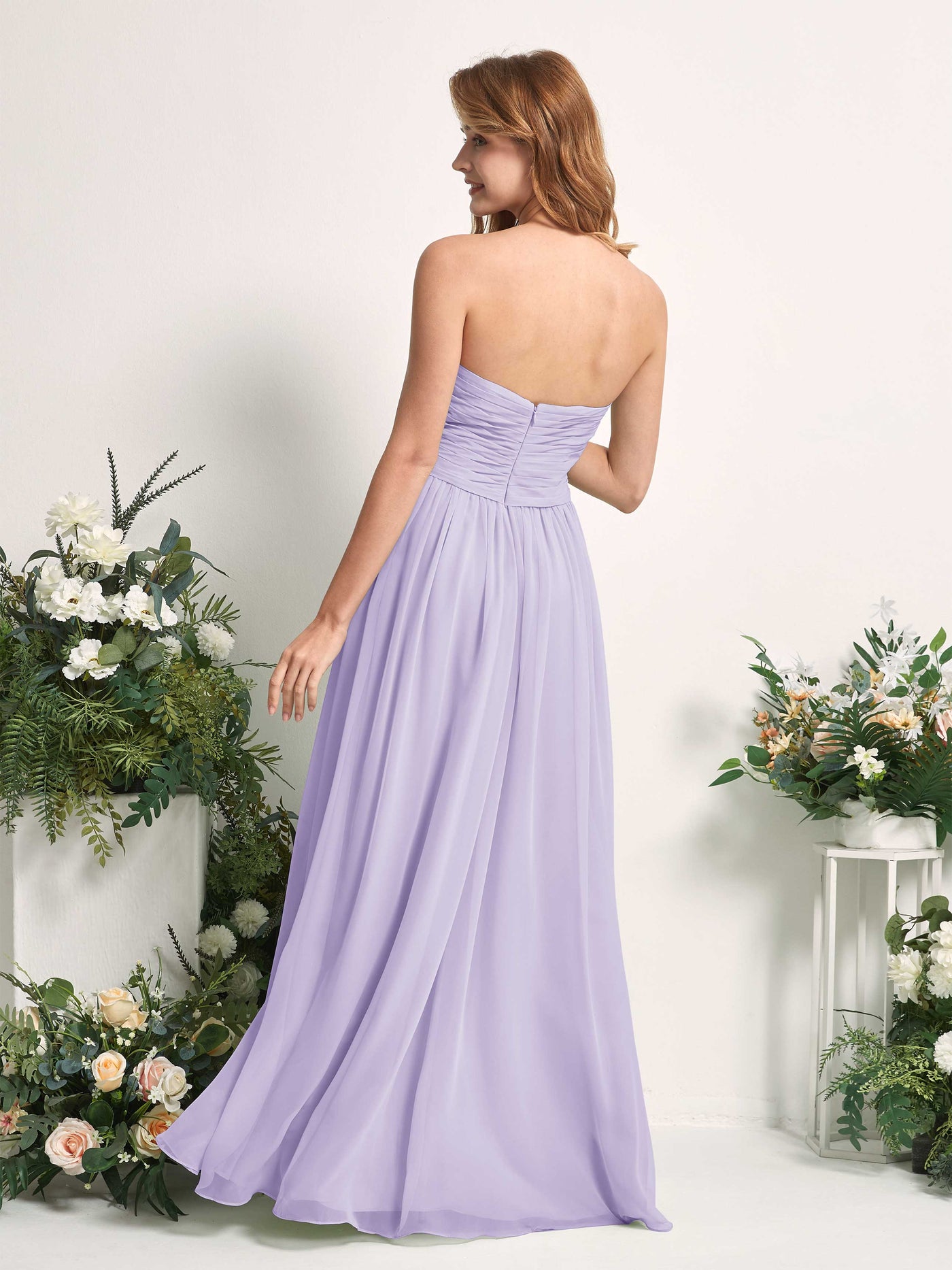 Carlyna Vestido Línea A Cuello de corazón Hasta el suelo Gasa Fruncido Dama de honor Lila #color_lila