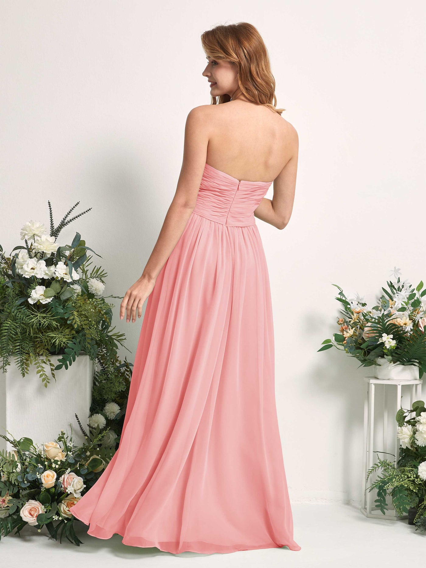 Carlyna Vestido Línea A Cuello de corazón Hasta el suelo Gasa Fruncido Dama de honor Rosa Ballet #color_rosa-ballet