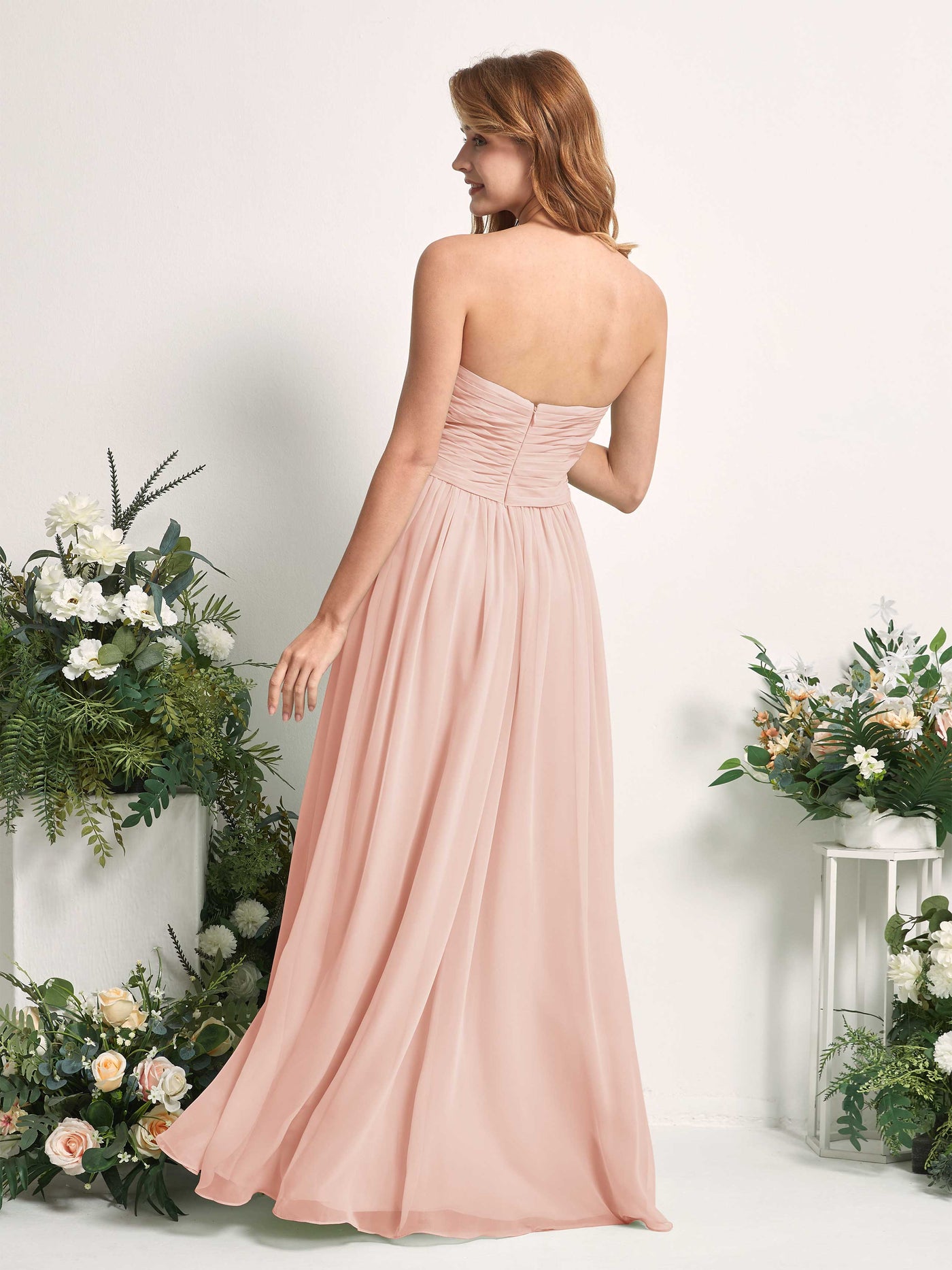 Carlyna Vestido Línea A Cuello de corazón Hasta el suelo Gasa Fruncido Dama de honor Rosa Perla #color_rosa-perla