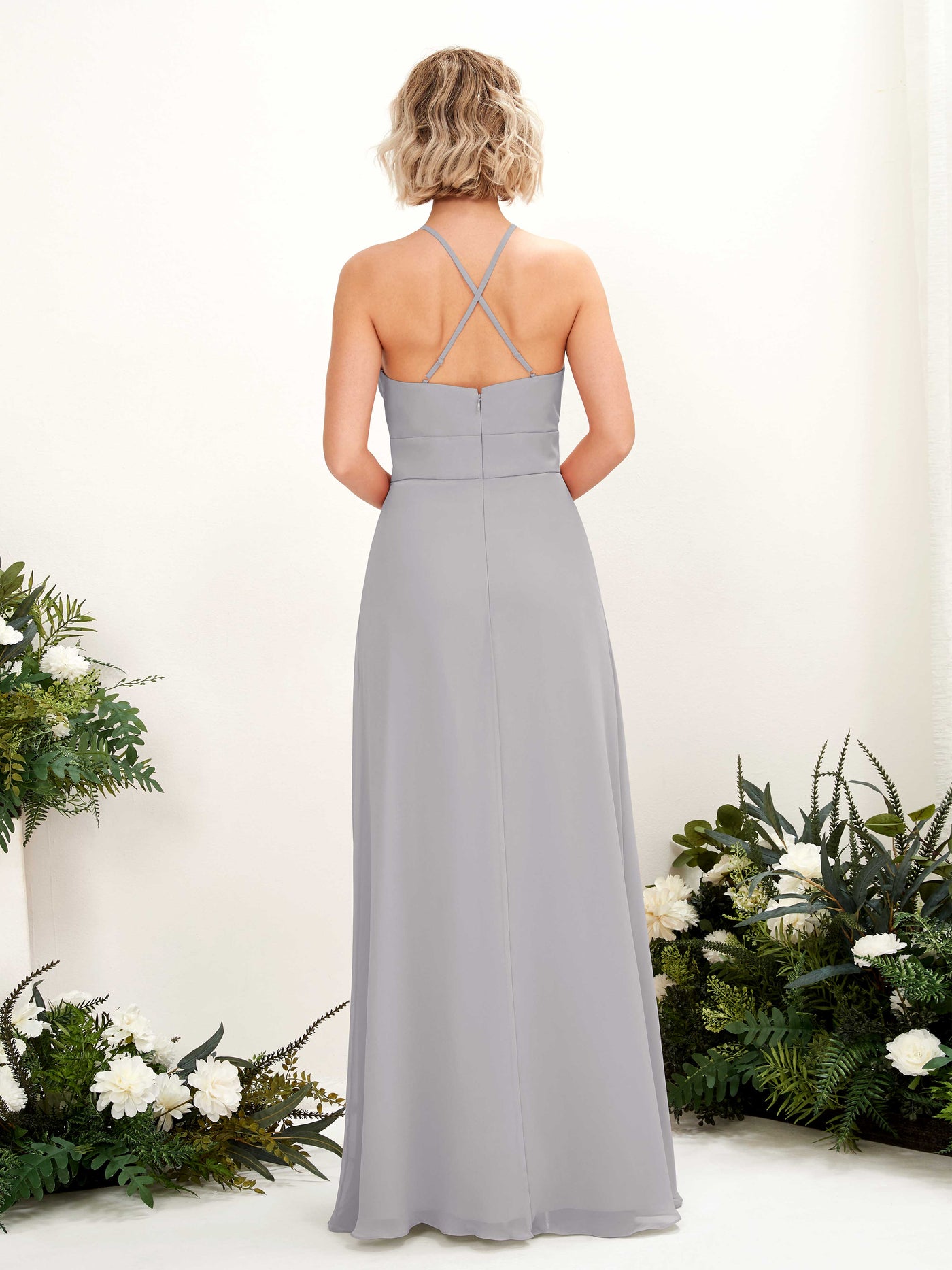 Carlyna Vestido Línea A Cuello Redondo Hasta el Suelo Bolsillos Dama de Honor Gris Paloma #color_gris-paloma