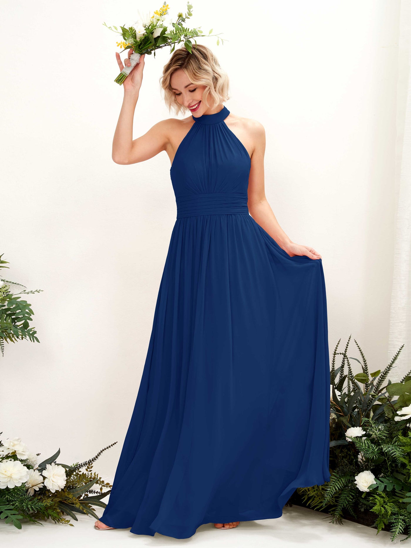 Carlyna Vestido Línea A Cuello Redondo Hasta el Suelo Dama de Honor Azul Real #color_azul-real