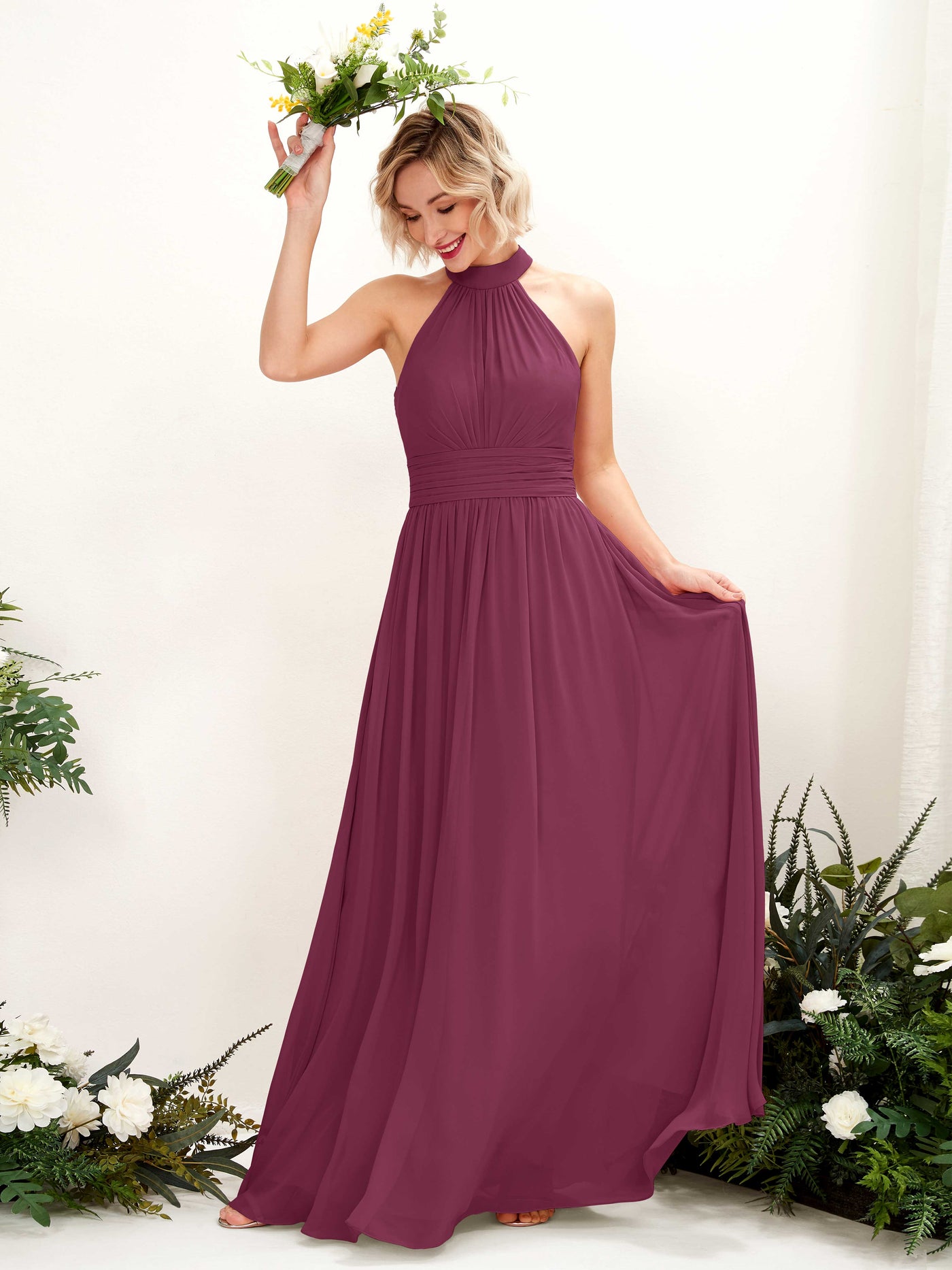 Carlyna Vestido Línea A Cuello Redondo Hasta el Suelo Dama de Honor Chianti #color_chianti