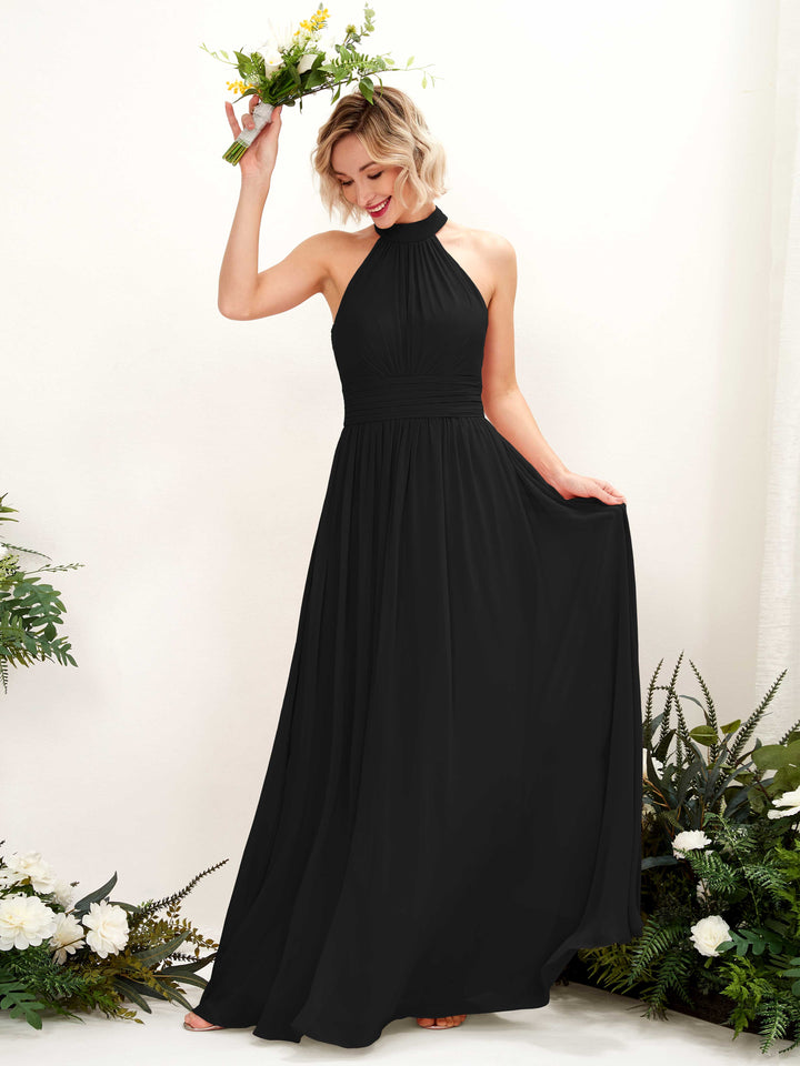 Carlyna Vestido Línea A Cuello Redondo Hasta el Suelo Dama de Honor Negro 