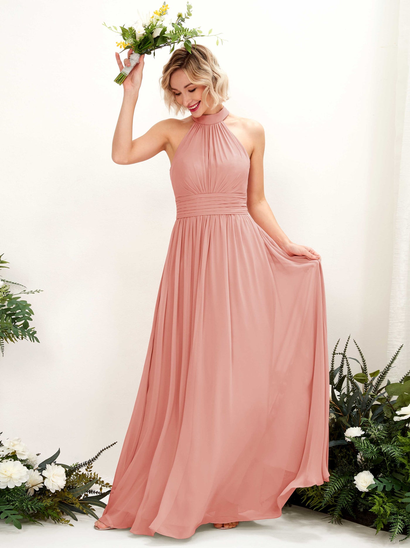 Carlyna Vestido Línea A Cuello Redondo Hasta el Suelo Dama de Honor Rosa Champán #color_rosa-champ-n