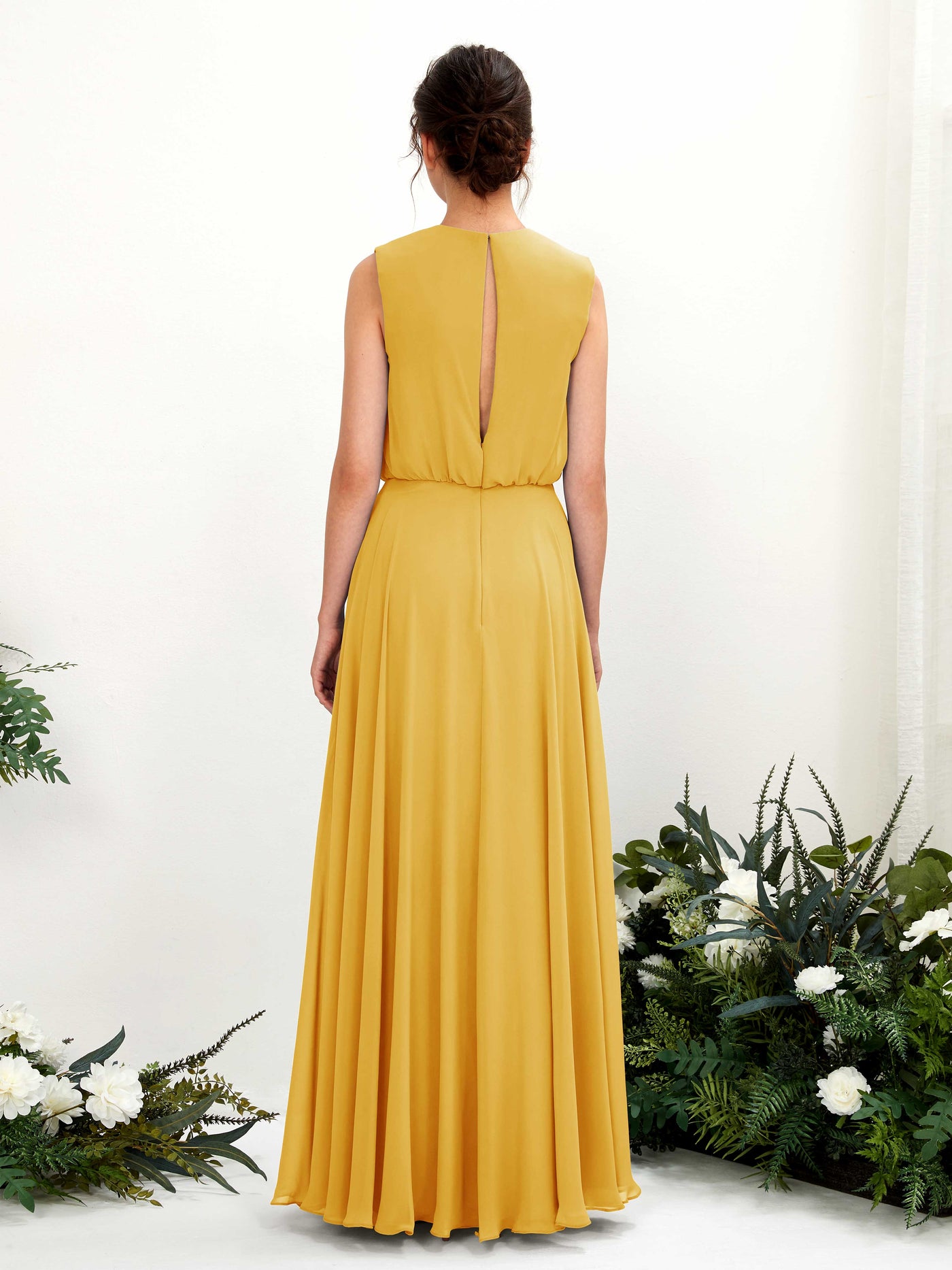Carlyna Vestido línea A cuello redondo hasta el suelo gasa dama de honor Amarillo Mostaza #color_amarillo-mostaza