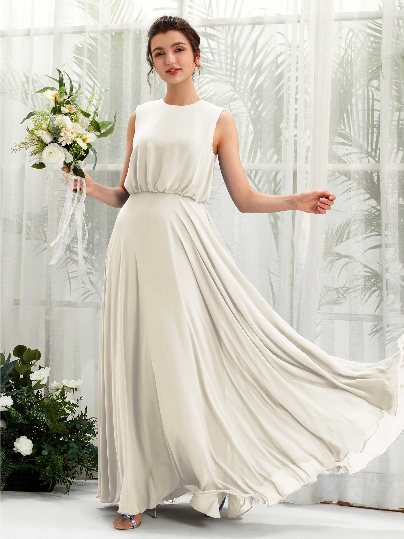 Carlyna Vestido línea A cuello redondo hasta el suelo gasa dama de honor Marfil #color_marfil
