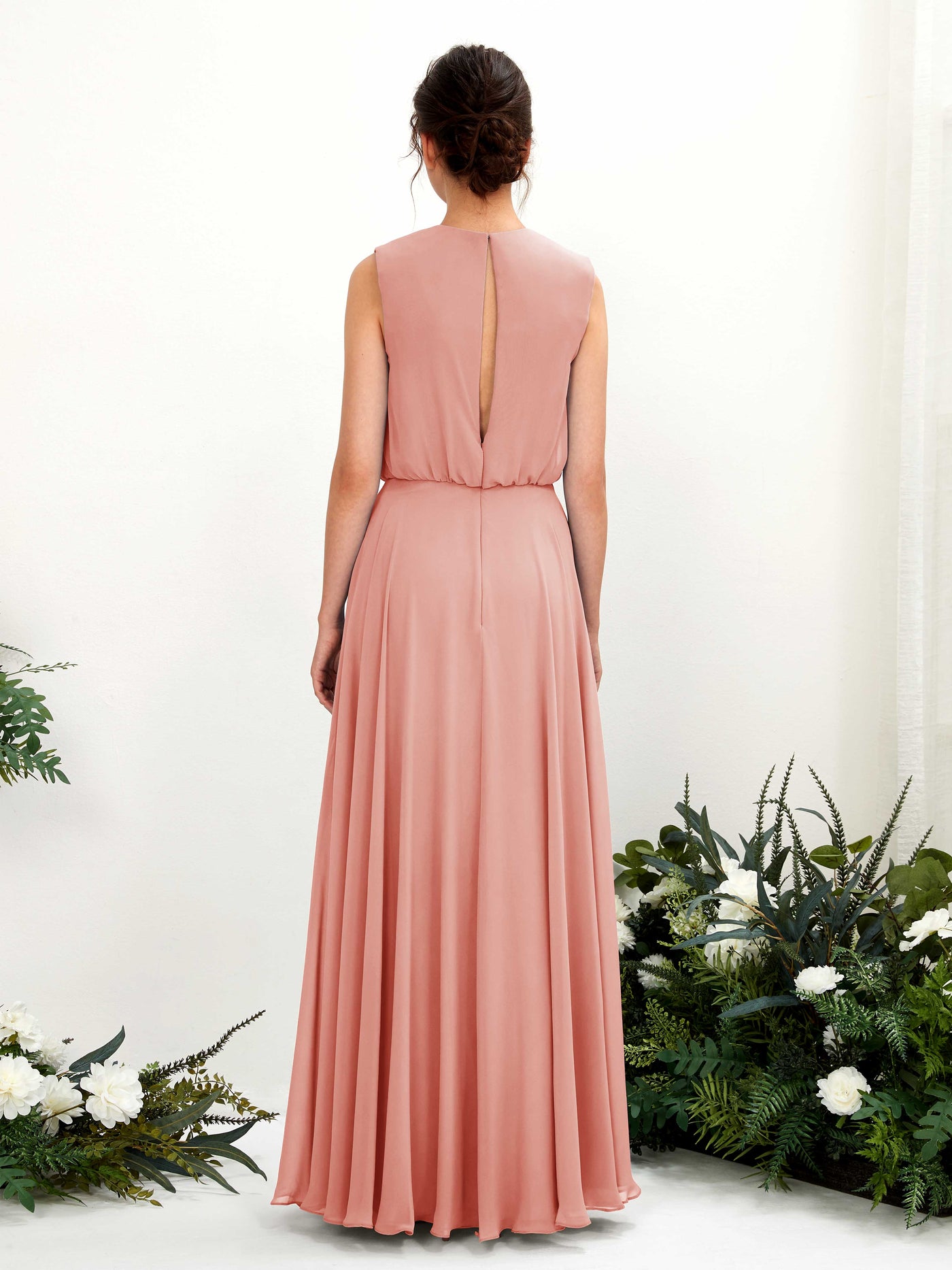 Carlyna Vestido línea A cuello redondo hasta el suelo gasa dama de honor Rosa Champán #color_rosa-champ-n