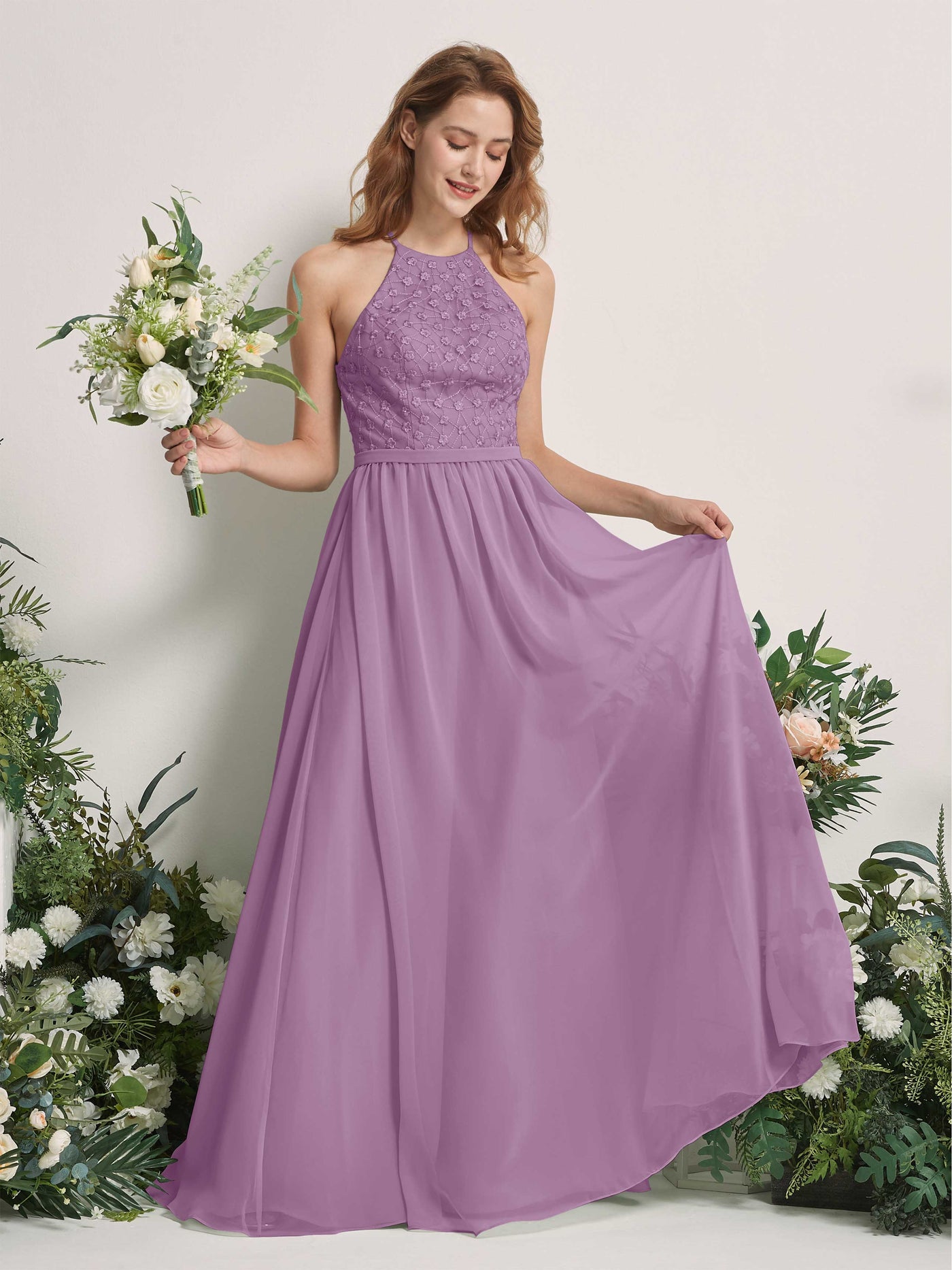 Carlyna Vestido línea A cuello redondo hasta el suelo vestidos de dama de honor Niebla Orquídea #color_niebla-orqu-dea