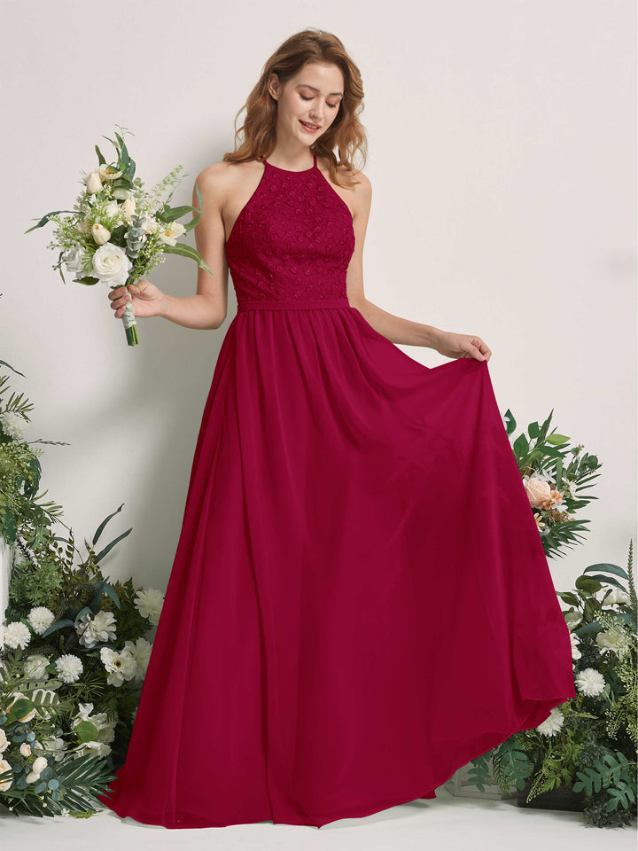 Carlyna Vestido línea A cuello redondo hasta el suelo vestidos de dama de honor Rojo Bufón 
