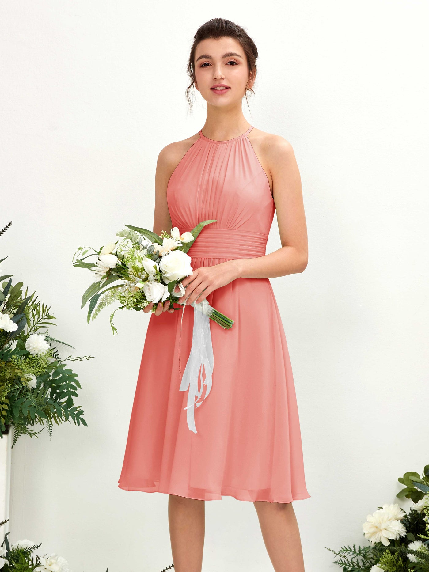 Carlyna Vestido línea A cuello redondo hasta la rodilla gasa dama de honor Rosa Melocotón #color_rosa-melocot-n