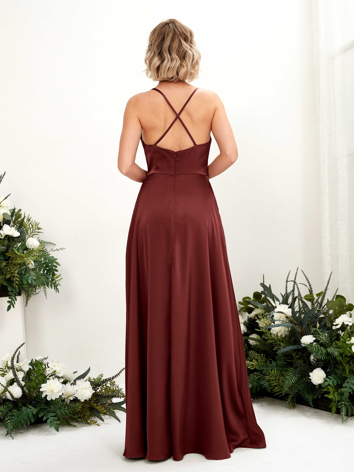 Carlyna Vestido Línea A Escote drapeado Hasta el suelo Vestido de dama de honor Borgoña #color_borgo-a