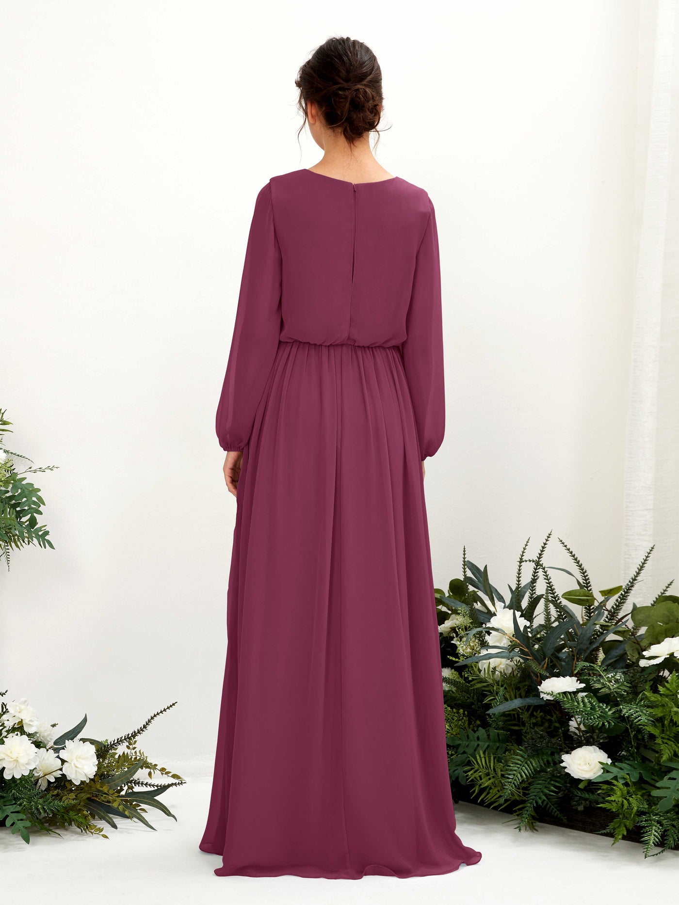Carlyna Vestido línea A escote en V abertura pierna manga larga hasta el suelo dama de honor Chianti #color_chianti