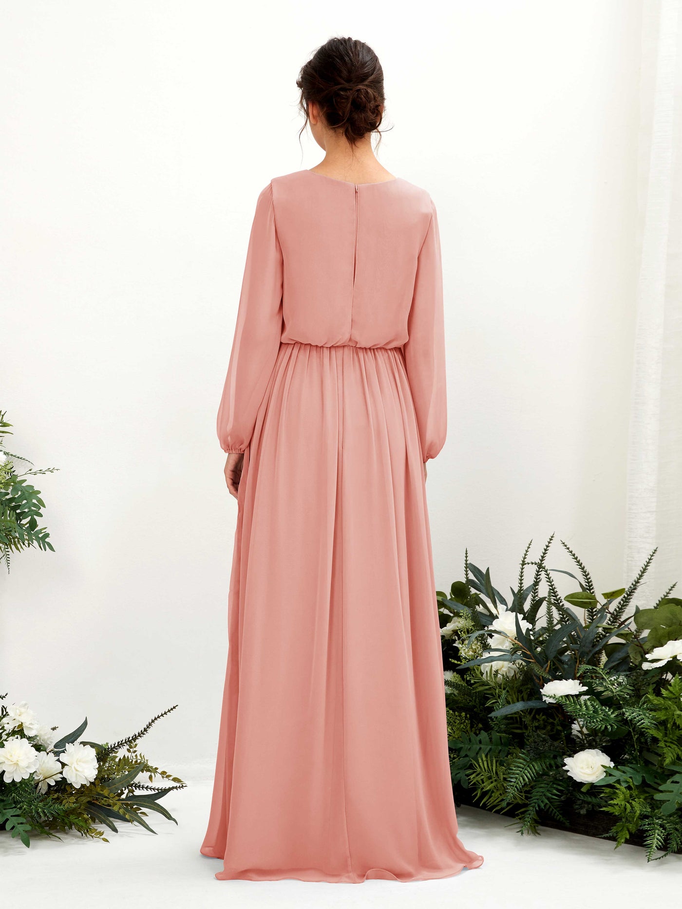 Carlyna Vestido línea A escote en V abertura pierna manga larga hasta el suelo dama de honor Rosa Champán #color_rosa-champ-n
