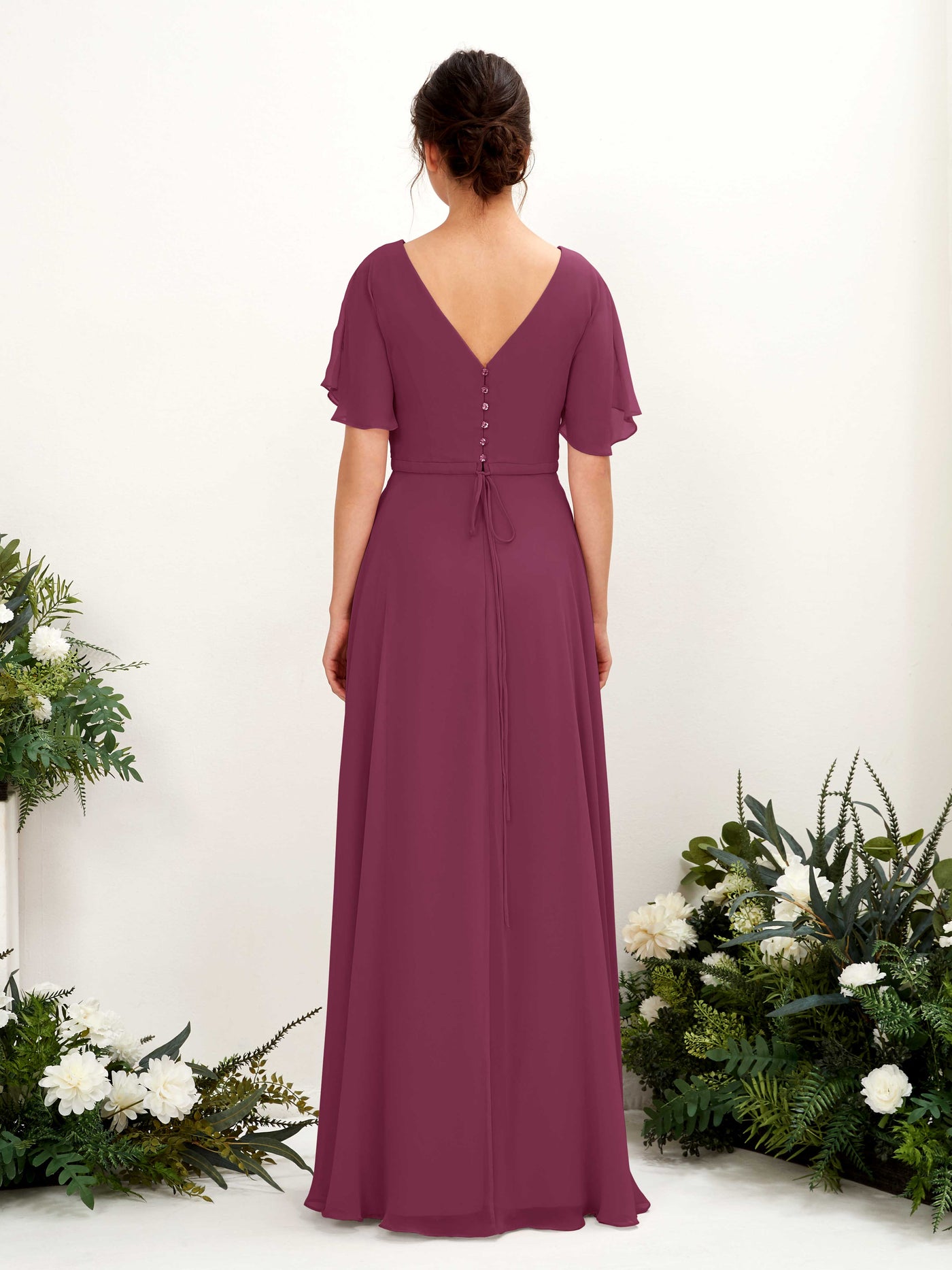 Carlyna Vestido Línea A Escote en V Escote cruzado Manga con vuelo Hasta el suelo Vestidos de dama de honor Chianti #color_chianti
